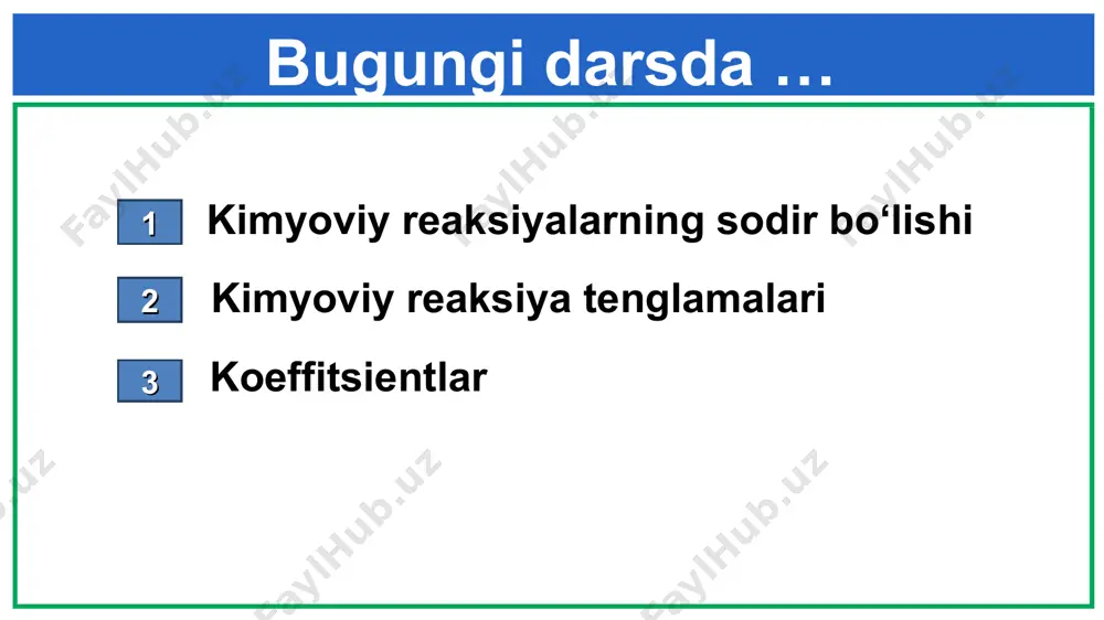 arkibidagi atomlar soniga teng bo‘lishi kerak. kimyoviy tenglama - kimyoviy reaksiyalarning kimyoviy formulalar yordamida ifodalanishidir. zn + 2hcl = zncl2 + h2 2cu + o2 = 2cuo na2so4 + bacl2 = 2nacl + baso4 kimyoviy tenglama savollar 1) kimyoviy reaksiya qanday sodir bo‘ladi? 2) koeffitsient haqida nimalar bilasiz? 3) kimyoviy reaksiyalar tenglamalarini tenglashtiring. cao+co2= caco3 b) fe+cl2=fecl3 p+o2=p2o5 d) na+ br2= nabr mustaqil bajarish uchun topshiriqlar: darslikning 36-40- sahifalarini o‘qing va asosiy ma’lumotlarni daftaringizga qayd eting. 39 - 40 - sahifadagi savollarga javob yozing.