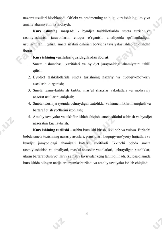 ejalashtirishini samarali qiladi. har bir byudjet tashkiloti yil boshida smeta tuzadi va u orqali barcha bo‘limlar xarajatlarini tartibga soladi. masalan, sport anjomlariga ajratiladigan mablag‘ smeta orqali aniqlanadi, bu mablag‘ning boshqa xarajatlar bilan chalkashmasligini ta’minlaydi. smeta yordamida resurslarni optimallashtirish va xarajatlarni tahlil qilish mumkin. bu moliyaviy boshqaruvning eng muhim jihatlaridan biri bo‘lib, u xarajatlarning samaradorligini oshirishga yordam beradi. misol uchun, smetada ko‘rsatilgan kompyuter xaridlariga ajratilgan mablag‘ni tahlil qilib, qaysi model samaraliroq va tejamkorroq ekanini aniqlash mumkin[footnoteref:2]. [2: ahmedova, d. a. elektron moliyaviy hisobot: milliy va xalqaro tajriba. – samarqand: ilm nuri, 2023. – 198 b.] smeta mohiyati tashkilotning moliyaviy hisobotlarini shakllantirishda ham seziladi. smeta asosida amalga oshirilgan xarajatlar keyinchalik buxgalteriya va moliyaviy hisobotlarda aks ettiriladi. misol uchun, smetada belgilangan mehnat haqini hisoblash asosida oylik hisobotlar tayyorlanadi. smeta tuzishda yuridik va me’yoriy talablarni hisobga olish zarur. har bir byudjet tashkiloti uchun smeta tuzish tartibi qonunchilik bilan belgilangan bo‘lib, u moliyaviy nazorat va …