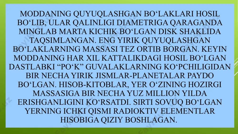 aydi. yerdagi barcha hodisalarga faqat yuyoshdan doimiy keladigan energiyagina emas, balki quyosh faolligi bilan bog‘liq bo‘lgan elektromagnit va korpuskulyar nurlanishdagi o‘zgarishlar ham ta’sir etadi. bular quyosh faolligining 11 yillik davri va quyoshning o‘z o‘qi atrofida aylanish davri bo‘lgan 27 kunlik davriyliklarda seziladi. asteroidlar, kometalar va meteor modda. asteroidlar.kichik sayyoralar yoki asteroidlar, asosan mars va yupiter orbitasi oralig‘ida aylanadi va bevosita qaraganda ko‘rinmaydi. birinchi kichik sayyora 1801 yilda kashf etilganva uni an’anaga ko‘ra yunon-rim mifologiyasidagi nomlardan biri - serrera deb atashdi. tezda boshqa kichik sayyoralar topildi va ularga pallada, vesta va yunona nomlari berildi. fotografiyaning qo‘llanilishi natijasida yorug‘ligi xira bo‘lgan asteroidlar ham kashf etila boshladi. hozirgi vaqtda 3000 dan ortiq asteroidlar ma’lum.milliardlab yillar davomida asteroidlar vaqti-vaqti bilan to‘qnashadilar. bir qator asteroidlar sharsimon bo‘lmay, aniq shaklga ega emasligi ana shunday xulosaga olib keladi. asteroidlarning umumiy massasi, yer massasining atigi 0,1 qismiga to‘g‘ri keladi. kometalar (dumli yulduz) fazoda quyoshdan uzoqda joylashib, markazlarida yadrosi …