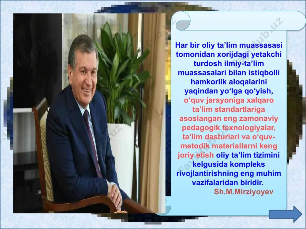 ko`ra bosh ma’no hosila ma’no boshqa leksik ma’noning hosil bo`lishiga asos bo`lgan ma’no ko ntekstga bog`liq bo`lmaydi leksema talaffuz qilingandaongimizda birinchi bo`lib tasavv ur qilinadi bosh ma’no taraqqiyoti natijasida shakl langan ma’nola r ko ntekstga bog`liq bo`ladi … birikuvchanligi katta tarkibi hosila ma’noga qaraganda soddaroq, umumiyroq emotsional - ekspressivlik, subyektiv munosabatlardan xoli birikuvchanligi chegaralangan 16 fanga doir art-klaster (rasmli klaster) ushbu suratlar asosida talabalar assotsitsiya hosil qilib “ustozlar”, “mashg`ulotlar”, “maslahat”, “kishi ismlari”, “pedagogik mahorat” kabi mavzularni o`ylagan holda klaster tuzib, so`z boyliklari va tafakkur darajalarini namoyish qilishlari mumkin. 17 yoz omonim so`zining shajara daraxtini yarating. uslubiy yordam sifatida o`t omonimining tahlili beriladi. muammoli klaster: yoz omonimini tavsiflab klaster tuzish 18 “leksikologiya” modulini o‘qitishda olingan bilimlarni aniqlash, nazorat qilish uchun leksik tahlil amalga oshiriladi. bunda klaster metodidan foydalanish juda qulaylik tug‘diradi. leksik tahlil tartibi quyidagicha: 1.matndagi lug‘aviy birliklar leksik va frazeologik birliklarga ajratib ko‘rsatiladi. 2.lug‘aviy birliklarning semantik tartibi aniqlanadi. a) so‘zning …