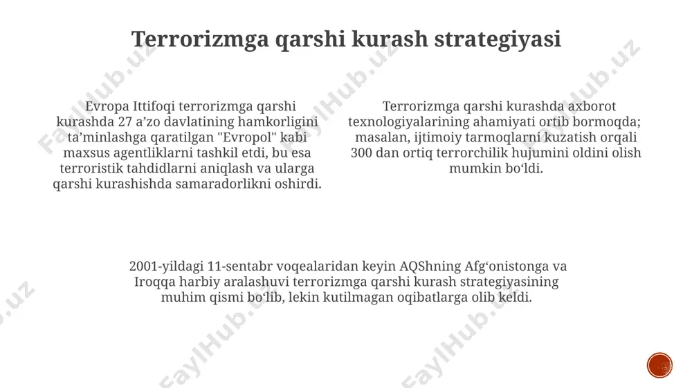 tiq mamlakatda 100 000 dan ziyod odam terroristik hujumlar qurboniga aylandi, bu esa katta miqyosdagi insoniy ofatlarni keltirib chiqardi. jahon iqtisodiyotiga 2001 yildagi 11 sentyabr voqealari natijasida 2 trillion dollardan ortiq zarar yetkazildi, bu global moliyaviy beqarorlikka va ko'plab mamlakatlarda iqtisodiy tanazzulga olib keldi. yaqin sharq va shimoliy afrikadagi terroristik faoliyat 2011 yildan buyon 500 mingdan ortiq odamning ko'chirilishiga va mintaqaviy inqirozlarga sabab bo'ldi, bu esa mintaqaning siyosiy va ijtimoiy barqarorligiga jiddiy tahdid soladi. e'tiboringiz uchun rahmat @taqdimot_robot image1.png image2.png image3.png image4.png image5.png image6.png