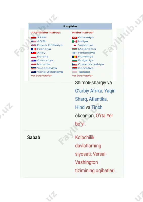 okratik erkinliklar tugatildi; siyosiy partiyalar va kasaba uyushmalari faoliyati taqiqlandi. buyuk britaniyani mag'lubiyatga uchratish rejasi barbod bo'lgach, germaniya endi sovet davlati-ni bosib olishga qaror qildi. germaniya allaqachon sovet davlatiga qarshi urush rejasiga ega edi. u tarixga «barbarossa rejasi» nomi bilan kirgan (fridrix 1 barbarossa davlat yerlarini sharq hisobiga kengaytirish tashkilotchilaridan biri edi). 1940-yilning 27-sentabrida «uchlar ittifoqi» (germaniya — yaponiya — italiya) shartnomasi tuzildi. bu shartnoma amalda dunyoni qayta bo'lish shartnomasi edi. tez orada bu shartnomaga ruminiya, vengriya va bolgariya ham qo'shildi va ular hududiga germaniya armiyasi joylashtirildi germaniya 1941 -yilning 22-iyunida erta tongda urush e'lon qilmay sovet davlatiga hujum qildi. shu tariqa, sovet-germaniya urushi boshlandi (bu urush sovet davri adabiyot-larida «ulug' vatan urushi» deb talqin etilgan).germaniya dastlab sovet armiyasiga qaqshatqich zarba bera oldi. bunga armiyaning 40 mingga yaqin rahbarlar tarkibi repressiya qilinganligi, i. stalinning germaniya buyuk britaniyaga qarshi urushni tugallamay turib, ikkinchi frontda urush qilolmaydi, degan ishonchi sabab bo'ldi. 1941-yiining …