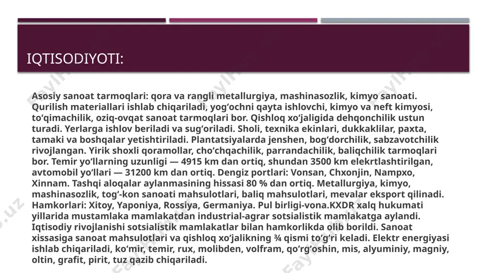 ron boʻlgan shaharlar (hamxin, vonsan, sarivon, keson, nampxo va boshqalar) qayta tiklandi. sanoat va gidrotexnika inshootlari, maktab, kasalxona, madaniyat saroylari qurishga kirishildi. dastlabki paytlarda oʻrta asr koreys meʼmorligi anʼanalaridan foydalanildi (pxenyan katta teatri). 60-yillarning 2-yarmidan yangi qurilish materiallari va konstruksiyalari joriy etildi, ixcham rejalangan, qulay va chiroyli binolar (kim ir sen nomidagi universitet) qad koʻtardi, tipovoy loyihalar asosida koʻp qavatli turar joylar qurildi. qishloq joylarda kottejlar, blokli va seksiyali uylar barpo etilgan. kurortlar qurilishiga eʼtibor berildi. meʼmorlar orasida kim jon xi, li xyon, pak ik xvan. sin sun gen va boshqalarlarni koʻrsatish mumkin. 1954-yilda k. meʼmorlar uyushmasi tuzilgan. ikki davlat o’ratsidagi zaddiyat: 1910 yildan to ikkinchi jahon urushiga qadar yagona koreya davlati yaponiyaning mustamlakasi bo‘lgan. yaponlar bu hududdan turib nafaqat koreyani, balki xitoyning katta hududini nazorat qilishardi. koreyaning bo‘linib qolishida aynan mana shu jihat asosiy rol o‘ynaydi. ikkinchi ular mamlakat hududini 38-paralleldan qoq ikkiga ajratib, ikki tomonga o‘z askarlarini joylashtirishdi …