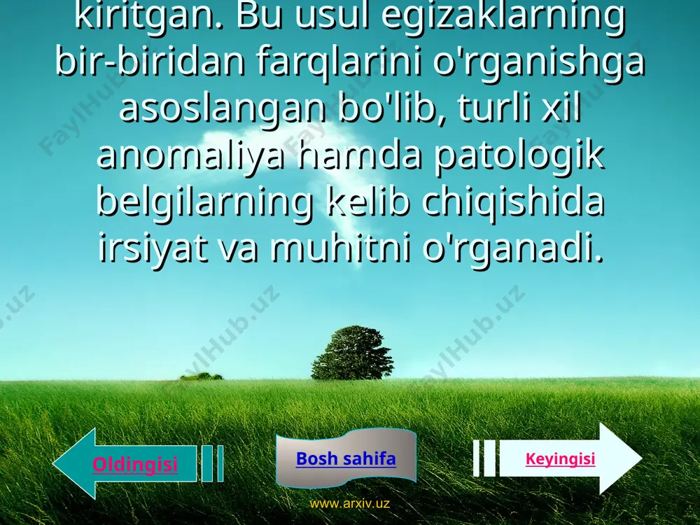 ikkisida ham ro'y beradi. har xil tuxumdan paydo bo'lgan egizaklarda esa, atigi 12 % ni tashkil qiladi. yurak yoki miya qon-tomir kasalligi ham qisman naslga bog'liq. shuning uchun bir tuxumli egizaklarning 44 % da kasallanish bilan hasan—husan yoki fotima—zuhra baravar og'riydi. har xil tuxumli egizaklarda esa, bu hoi 14 % ni tashkil qiladi. revmatizm bir tuxumli egizaklarda 37 %, har xil tuxumli egizaklarda 6,6 % ni tashkil qiladi. oldingisi keyingisi bosh sahifa www.arxiv.uz www.arxiv.uz egizaklarni tekshirishda konkordantlik (egizaklarning ma'lum belgi jihatdan bir xil bo'lishi) va diskordantlik (egizaklarda har xil belgilar, kasalliklarni namoyon bo'lishi) farqi aniqlanadi. agarda, mz — egizaklar biron-bir belgi yoki kasallik bo'yicha yuqori konkordantlikka (80 % gacha) dz — egizaklar esa, past konkordantlikka (20 % gacha) ega bo'lsa, demak, bu belgi yoki kasallik irsiy bo'lib hisoblanadi. biror belgi yoki kasallik bir xil konkordantlikka ega bo'lsa, bu belgi yoki kasallikning irsiy emasligidan dalolat beradi. qachonki, ayni belgi bo'yicha mz …