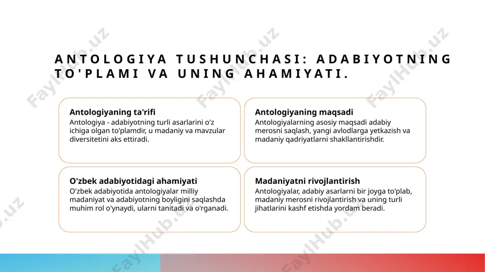 aqlash: o'zbekiston adabiyoti misolida. madaniy merosni saqlash adabiyot va identitet antologiyalar va meros o'zbekiston adabiyoti, o'zining boy tarixiy va madaniy merosi bilan, kelajak avlodlar uchun ahamiyatli an'analarni saqlashga yordam beradi. o'zbek adabiyoti, xalqning madaniy identitetini aks ettiradi va milliy qadriyatlarni himoya qilishda muhim rol o'ynaydi, bu esa madaniy merosni saqlashga xizmat qiladi. antologiyalar, o'zbek adabiyotining turli asarlarini bir joyga jamlaydi. bu, madaniy merosni tushunish va saqlash uchun muhim vositadir. antologiyalar orqali madaniy merosni rivojlantirish usullari. antologiyalar va meros madaniy tadbirlar yosh avlodni jalb qilish antologiyalar, o'zbek adabiyotining boy tarixini saqlab qolish va kelajak avlodlarga etkazish uchun muhim vositadir. ular madaniy merosni mustahkamlaydi. antologiyalarni taqdim etish, adabiy tadbirlar va ko'rgazmalar orqali, o'zbek madaniyatini keng jamoatchilikka tanishtirish imkonini beradi. bu jarayon, hamjamiyatni birlashtiradi. antologiyalar, yosh avlodni o'zbek adabiyotiga qiziqtirish orqali, ularning madaniy merosni tushunishlariga yordam beradi. bunday qiziqish, kelajakda ijodiy yondashuvni rivojlantiradi. o'zbek adabiyotida madaniy merosning ahamiyati va roli. 01 madaniy merosning …