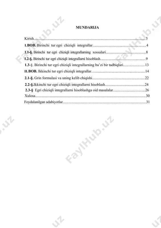 ishdik, vatanimizning ertangi kunini, taqdirini o’z qo’liga olishga qodir bo’lgan farzndlarimiz bugun minbarga chiqmoqda. kurs ishi mavzusining dolzarbligi: ushbu kurs ishi geometriya fanining “grin formulasi va uning tadbiqlari” bo’limi bo’yicha tayyorlangan bo’lib, unda nazariy ma’lumotlar keltirilgan , misol va masalarning izohli yechimlari bilan ko’rsatilgan. grin fotmulasi asosan egri chiziqli entegrallardan iborat bulgani uchun bu yerda birinchi va ikkinchi tur egri chiziqli integrallarning ta’riflari sodda tilda keltirilgan bo’lib, ba’zi egri chiziqli integrallar ta’rif yordamida hisoblab ko’rsatilgan. kurs ishining maqsadi: grin formulasi egri chiziqli integrallarning nazariyasida muhim ahamiyatga egadir. u birinchi va ikkinchi tur egri chiziqli integrallar orasidagi bogʻlanishni ifodalaydi. grin formulasi geometriya, fizika, mexanika va boshqa sohalarda turli masalalarni yechishda qoʻllaniladi kurs ishining vazifasi: biz quyida grin formulasi va uning tadbiqlari va egri chiziqli entegrallari bilan tanishamiz. bundan tashqari egri chiziqli integrallarning ba’zi bir tadbiqlari keltirilib o’tiladi. 3 1.1-§birinchi tur egri chiziqli integral ta’rifi tekislikda biror sodda ab aa , a …