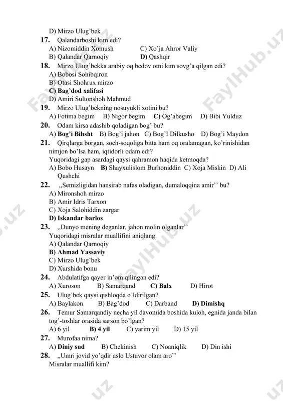 tasi shohrux mirzo c) bag’dod xalifasi d) amiri sultonshoh mahmud 19. mirzo ulug’bekning nosuyukli xotini bu? a) fotima begim b) nigor begim c) og’abegim d) bibi yulduz 20. odam kirsa adashib qoladigan bog’ bu? a) bog’i bihsht b) bog’i jahon c) bog’i dilkusho d) bog’i maydon 21. qirqlarga borgan, soch-soqoliga bitta ham oq oralamagan, ko’rinishidan nimjon bo’lsa ham, iqtidorli odam edi? yuqoridagi gap asardagi qaysi qahramon haqida ketmoqda? a) bobo husayn b) shayxulislom burhoniddin c) xoja miskin d) ali qushchi 22. ,,semizligidan hansirab nafas oladigan, dumaloqqina amir’’ bu? a) mironshoh mirzo b) amir idris tarxon c) xoja salohiddin zargar d) iskandar barlos 23. ,,dunyo mening deganlar, jahon molin olganlar’’ yuqoridagi misralar muallifini aniqlang. a) qalandar qarnoqiy b) ahmad yassaviy c) mirzo ulug’bek d) xurshida bonu 24. abdulatifga qayer in’om qilingan edi? a) xuroson b) samarqand c) balx d) hirot 25. ulug’bek qaysi qishloqda o’ldirilgan? a) baylakon b) bag’dod c) darband …