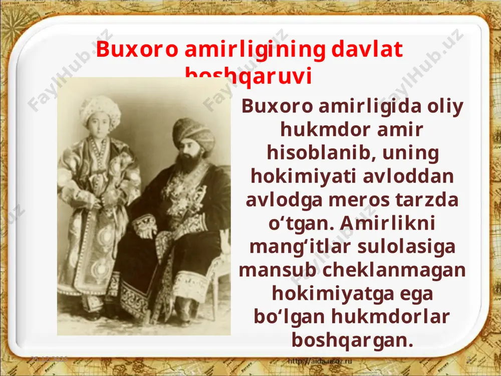gan siyosiy, ma’muriy va harbiy hokimiyatni o‘z qo‘lida mujassamlashtirgan. eng yuqori harbiy lavozim amirlashkar bo‘lib, u harbiy vazir hisoblangan. 18.08.2020 11 xonlikdagi alohida harbiy bo‘linmalarga mingboshilar rahbarlik qilgan. ular keyinchalik bosh vazir vazifasini bajargan. xazina ishlari va xarajatlarini mehtar nazorat qilib borgan. 18.08.2020 12 qo‘qon xoni hokimiyati merosiy hisoblanib, xon cheklanmagan siyosiy, ma’muriy va harbiy hokimiyatni o‘z qo‘lida mujassamlashtirgan. 18.08.2020 13 eng yuqori harbiy lavozim amirlashkar bo‘lib, u harbiy vazir hisoblangan. xonlikdagi alohida harbiy bo‘linmalarga mingboshilar rahbarlik qilgan. ular keyinchalik bosh vazir vazifa sini bajargan. xazina ishlari va xarajatlarini mehtar nazorat qilib borgan. 18.08.2020 14 qozikalon, qozilar islom dini qoidalari asosida sud ishlarini olib borganlar. muhtasib-raislar diniy ishlar, shariat qoidalariga rio ya qilinishi, savdo-sotiqning to‘g‘ri yuritilishini nazorat qilganlar. 18.08.2020 15 image2.jpeg image3.jpeg image4.jpeg image5.jpeg image6.jpeg image7.jpg image8.gif image9.jpeg image10.jpg image11.jpeg image12.jpeg image13.jpeg image14.jpeg image15.jpg image16.jpg image17.jpeg image1.jpeg