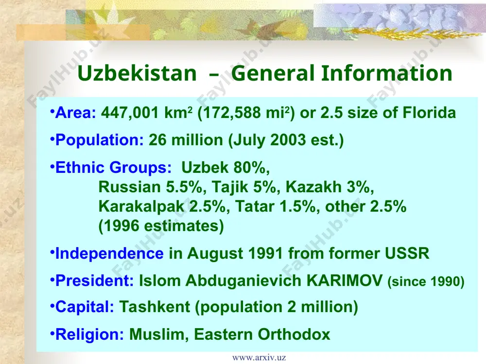 e (1336 - 1405) tamerlane, the name was derived from the persian timur-i lang, "temur the lame" by europeans during the 16th century. his turkic name is timur, which means 'iron'. in his life time, he has conquered more than anyone else except for alexander. his armies crossed eurasia from delhi to moscow, from the tien shan mountains of central asia to the taurus mountains in anatolia. from 1370 till his death 1405, temur built a powerful empire and became the last of great nomadic leaders. www.arxiv.uz www.arxiv.uz timur initiated the last flowering of mawarannahr by gathering in his capital, samarqand, numerous artisans and scholars from the lands he had conquered. by supporting such people, timur imbued his empire with a very rich culture. timur also patronized scientists and artists; his grandson ulugh beg was one of the world's first great astronomers. it was during the timurid dynasty that turkish, …