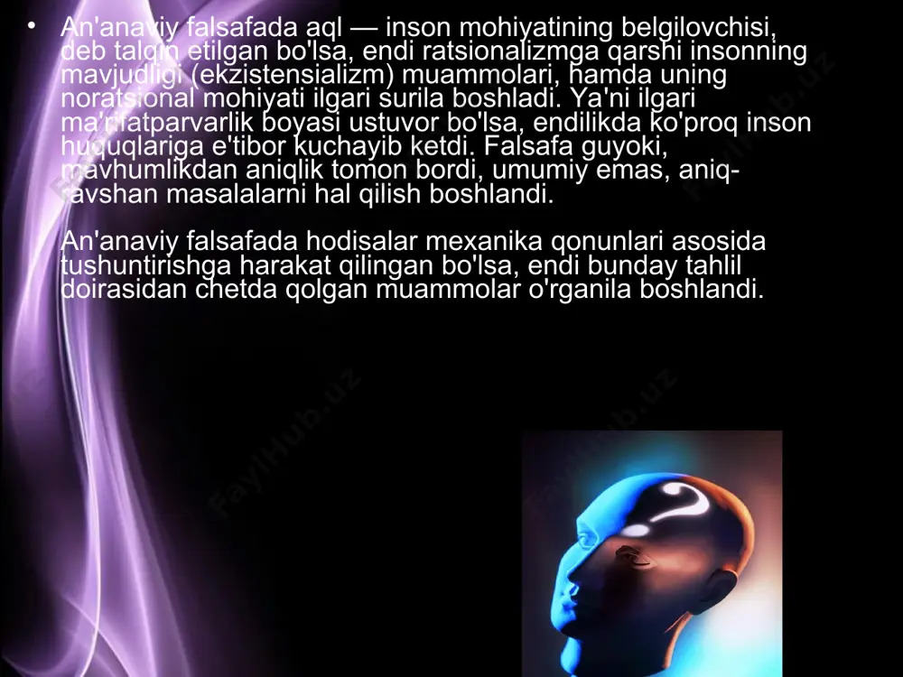 qsaddir. shunday ekan, inson hayotidan kimdir o'z maqsadlarini amalga oshirish uchun vosita sifatida foydalanishi mumkin emas. erkin mavjudot deganda, kant izdoshlari o'zi xohlagan ishlarni qiluvchi kishini emas, balki jamotchilik manfaatiga qarshi yurmaydigan, unga zid ish qilmaydigan, ammo o'z haq-huquqlarini yaxshi biladigan insonni nazarda tutadilar page * shundan so'ng postpozitivizm (ya'ni keyingi pozitivizm) vakili k. popper falьsifikatsiyalash metodini ilgari surdi. bunga ko'ra, inson ba'zi nazariy bilimlarning xaqiqatligini emas, xato ekanligini isbotlashi kerak. oxir-oqibatda neopozitivizm vakillari falsafa bilimlarning xaqiqiyligini mantiqiy — lingvistik usul orqali isbotlashi va sistemalashtirishi kerak, degan xulosaga keldilar. xx asrning 60 — 70 yillariga kelib, neopozitivizmning mavqei kamayib, asosiy o'ringa strukturalizm va germenevtika chiqdi. page * strukturalizm (asosiy vakillari levi — stross va fuko) bilishda strukturaviy usulning ahamiyatini mutlaqlashtiradi. bu oqim tarafdorlari narsa va hodisaning strukturasini bilish uning ob'ektiv mohiyatini bilish demakdir, deb hisoblaydilar. masalan levi-stross mifologik tafakkurni tahlil etib, turli joylarda yashagan qadimgi qabilalar va xalqlar yaratgan afsonalarning …