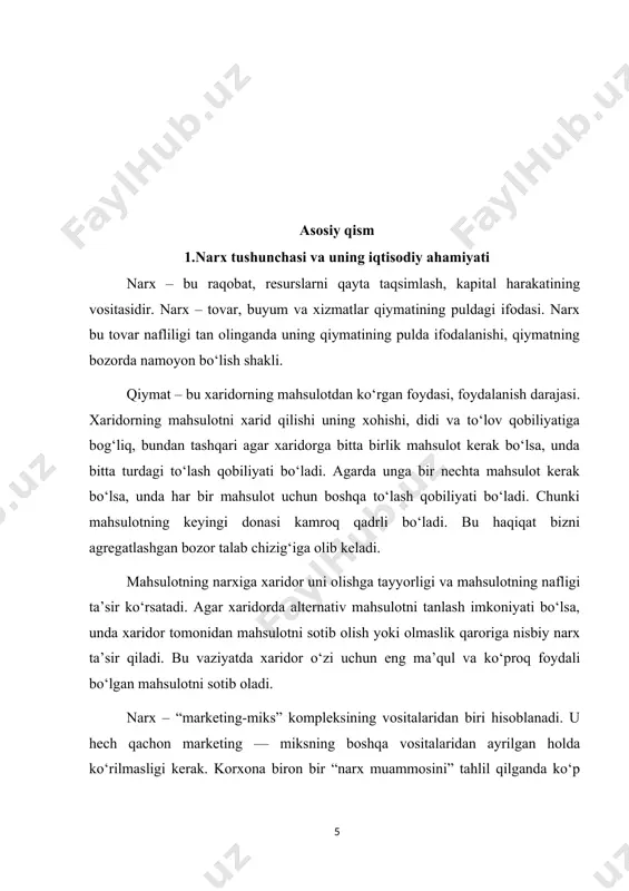 an iqtisodiyotga ega bo‘lgan mamlakatlarda marketingdagi narxni tashkil qilish muammolarini faqatgina asosiy strategik yondashishlarigina ishlab chiqilishi bejiz emas, chunki narxlarning o‘zi faqat bozor subyektlari: sanoat va savdo firmalari, korxonalari tomonidan o‘rnatiladi va davlat tomonidan tartibga solinadi. tovarning raqobatbardoshligi va bozordagi o‘rni narx darajasiga bog‘liq. buning natijasi sotiladigan tovarlar massasida korxona ulushining oshishidir. narx – mahsulot sifatining indikatori sifatida. bozor sharoitida narx siyosati o‘ziga xos bo‘lib, turli narxlarning mavjudligi bozor qonuniyatidir. narx shakllanishida tovar bahosi uning sifatini bildiruvchi muhim indikator sifatida namoyon bo‘ladi. tovar narxi qancha yuqori bo‘lsa, talab tushadi va aksincha, past narxda tovarga bo‘lgan talab oshadi. xarid qilish haqida qaror qabul qilishga tovar narxi miqdoriy ko‘rsatkich sifatida xizmat qilib, xarid budjetiga qarab u yoki bu narxdagi tovarni sotib oladi. har doim ham narx tovar sifatini obyektiv baholaydi, deb bo‘lmaydi. savdo do‘konlarining turiga qarab ishlab chiqaruvchidan olingan tovarlarga turli narxlar belgilanadi. supermarket, gipermarketlardagi tovar narxining oddiy kichik chakana savdo do‘konidagi …