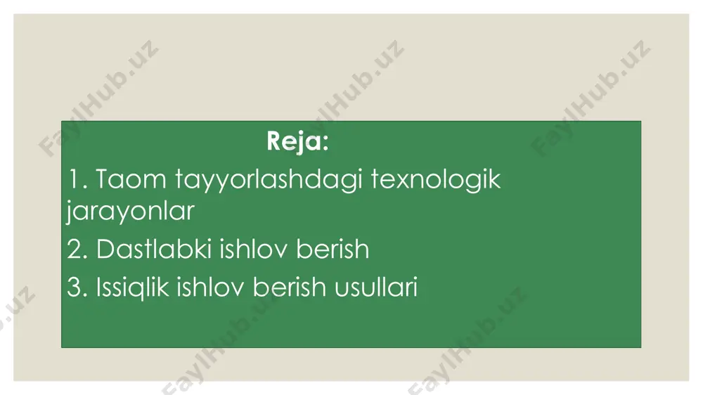 nishiga karab bo‘laklarga bulinadi.konservalangan, tuzlangan, sirkalangan sabzavotlar keyingi ishlatishga karab tuzli suvdan ajratiladi, tozalanadi va maydalanadi. kuritilgan sabzavotlar ivitiladi, muzlatilganlari-darxol issik ishlov berishga yuboriladi yoki muzdan tushiriladi. 3. issiqlik ishlov berish usullari maxsulotlarga issiklik ishlovi berilganda ularning sifati oshadi: ya’ni yumshaydi, ta’m va xidi yaxshilanadi, xazm bo‘lishi osonlashadi, ular ustiga tushib kolgan mikroorganizmlar yo‘koladi. .lekin issiklik ishlov berish jarayonini buzilganda ozik-ovkat maxsulotining kiymati pasayadi, chunonchi vitaminlar va bo‘yovchi moddalar tarkibi buziladi.asosiy issiklik ishlov berish usullariga kaynatish va kovurish, yordamchi usuliga esa-ozgina yogda kovurish va bugda pishirish kiradi. qaynash deb maxsulotlarni suvda xamda to‘yingan suvli bugda isitishga aytiladi.qaynashning bir necha usullari bor: ko‘p mikdordagi suvda (asosiy usul), kam mikdordagi suyuklikda (dimlash), yukori bosimda: past xaroratda; bugda; svch –da kaynash (skn). asosiy usulda qaynatishda maxsulot to‘lik suyuqlik bilan to‘ldiriladi (suv yoki sut) va 1000s xaroratda sekin kaynatilib tayyor xoliga keltiriladi. ba’zan maxsulotlar 75-80 0s xaroratda kaynatiladi.kaynatish jarayonida maxsulotlar tarkibidagi eriydigan moddalar suyuklikka …