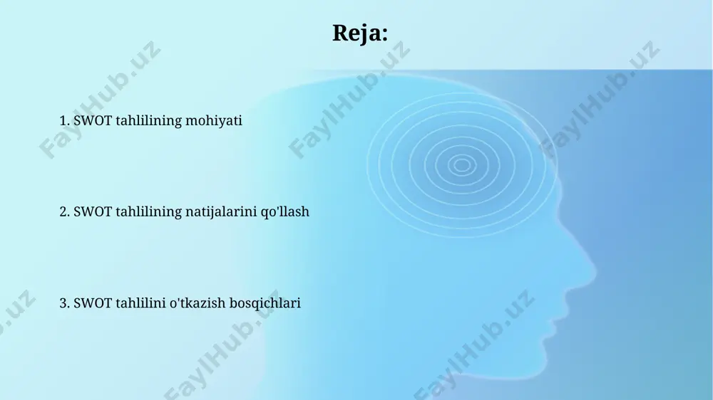 amayishiga olib kelishi mumkin bo'lgan yetkazib beruvchilar bilan bog'liq muammolar tahdidlar ro'yxatiga kiritilishi va ularni bartaraf etish bo'yicha rejalashtirish zarur. imkoniyatlarni baholash imkoniyatlarni baholashda, bozor hajmining 20% ni egallagan 3 ta asosiy raqobatchining zaif tomonlarini tahlil qilish strategik ustunlikni ta'minlaydi. imkoniyatlarning potentsial daromadliligini aniqlash uchun, kamida 5 yillik moliyaviy prognozlar va 10% dan yuqori roi ko'rsatkichiga ega bo'lgan loyihalarni tanlash tavsiya etiladi. swot tahlilining amaliy qo'llanilishi swot tahlili marketing strategiyasini ishlab chiqishda muhim ahamiyatga ega bo'lib, 70% hollarda biznesning muvaffaqiyatini ta'minlashda yordam beradi va raqobatbardosh ustunliklarni aniqlashga yordam beradi. kompaniyaning ichki va tashqi muhitini tahlil qilish orqali swot tahlili 5 dan ortiq muhim imkoniyatlar va tahdidlarni aniqlash imkonini beradi, shu bilan birga kuchli va kuchsiz tomonlarini aniqlab, 3 ta strategik maqsadni belgilashga yordam beradi. e'tiboringiz uchun rahmat @taqdimot_robot image2.jpg image3.jpg image4.jpg image5.jpg image6.jpg image7.jpg image8.jpg image1.png