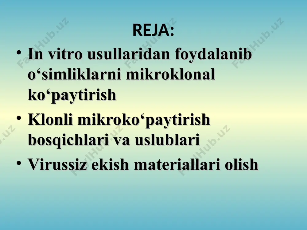 kronihollarning ildiz otishi; 7-past xaroratda regenerant o‘simliklar yashashishini ta’minlash; 8-o‘simliklarni issiqxona sharoitiga o‘tkazish; 9-regenerant o‘simliklarni dalaga ekish. klonli mikroko‘paytirish bosqichlari: 1. donor o‘simlik tanlash, eksplantlarni ajratish va yaxshi o‘sadigan steril kulturani ajratib olish. 2. xususiy mikroko‘paytirish, meristematichesk klonlarning maksimal miqdoriga erishish. 3. poyalarni bosqichma –bosqich tuproq sharoitiga moslashtirish yo‘li bilan ildiz hosil qilishiga erishish. 4. o‘simliklarni issiqxona sharoitiga moslashtirish va ularni sotish yoki dalaga ekishga tayyorlash. микроклонал кўпайтиришнинг усуллари: ўсимликда мавжуд бўлган меристемани фаоллаштириш (поя апекси, бўшлиқдаги ва тиним давридаги куртаклар); адвентив куртакларни бевосита эксплант тўқималарида пайдо бўлишини индукциялаш; соматик эмбриогенез индукцияси; бирламчи ва қайта кўчириб ўтказилган каллус тўқималаридаги адвентив куртакларни дифференцияланиши. далее мавжуд меристема тўқималарини фаоллаштириш - (поя апекси, ён куртаклар ва тиним давридаги яширин куртаклар)ни фаоллаштириш усули асосий усулдир ( у апикал доминантликни енгишга асосланади) унинг 2 та йўли бор: поянинг учки куртагини олиб ташлаш ва пояни гормонсиз муҳитда in vitro шароитида кўпайтириш. озуқа муҳитига цитокинин табиатига эга …
