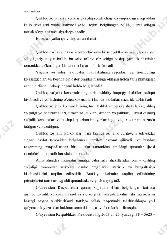 monidan vakolatli davlat organlarini statistik va buxgalteriya hisoblashlarini taqdim etilishidir. bunday hisobatlar taqdim etilishining prinsiplarini tartiblari tegishli qonunlarda belgilab quyilgan2. o`zbekiston respublikasi qonun xujjatlari bilan belgilangan tartibda qishloq xo`jalik korxonalari moliyaviy, xo`jalik faoliyati tekshirilishi mumkin va hozirgi paytda tekshirishlarni tartibga solish, naqonuniy tekshirishlarga yo`l qo`ymasoik yuzasidan hukimat tomanidan qat`iy choralar ko`rilmoqda. o`zyekiston respublikasi prezidentining 2005 yil 20 iyundagi pf – 3620 – sonli “mikro firmalar va kichik korxonalarini rivojlantirishni rag`batlantirishi borasidagi qo`shimcha chora tadbirlar to`g`risida” gi farmoniga ko`ra3 yagona yer solig`i to`lovchilari bo`lmagan hamda mkro firma yoki kichik korxona maqomiga ega bo`lgan qishloq xo`jalik korxonalari 2005 yil 1 iyuldan boshlab yagona soliq to`laydigan va bu haqdagi hisobni yilning har choragida taqdim etiladigan bo`ldi. yagona soliq stavkasi sotilgan tavarlar hajmining 6% miqdorida belgilanadi. xo`jalik yuritovchi subyektlarining huquqlari va qonuniy manfaatdorligini himoya qilish tizimini yanada takomilashtirilishni, tadbirkorlik faoliyatini amalga oshirish uchun qulay huquqiy va iqtisodiy sharoit yaratish hamda javobgarlik yo`llarini halqaro huquqiy …