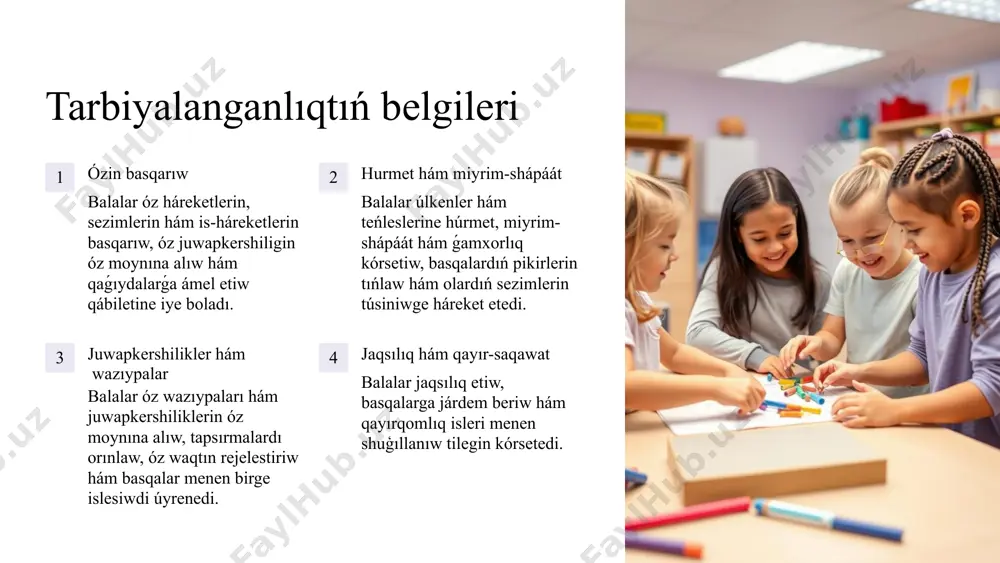 alar húrmetli, juwapker hám basqalarga járdem beriwge tayar boladı. bul olardı jámiyetke paydalı aǵza bolıwına alıp keledi. ózin húrmet etiw tárbiyalangan balalar óz qádiriyatların túsinedi, ózine isenimli boladı hám ózin-ózi qádirlew qábiletine iye boladı. ózin-ózi rawajlandırıw tárbiyalanganlıq balalardıń ózin-ózi rawajlandırıwına, jańa bilim hám kónlikpelerdi úyreniwge hám óz potencialın tolıq júzege shıǵarıwına imkaniyat beredi. 10 juwmaq tárbiyalanganlıq balalardıń shaxsın qáliplestiriw, olardıń ádep-ikramlılıq hám sociallıq qádiriyatlardı úyreniw hám erkin, ózin-ózi qádirleytuǵın shaxs boliwına járdem beredi. ata-analar, muǵallimler hám jámiyet aǵzaları birgelikte balalardı tárbiyalaw, olardı turmısqa tayarlaw hám olardıń keleshektegi tabıslarına úles qosıwı kerek. tárbiyalanganlıqtı anıqlaw procesi tárbiyanıń nátiyjeliligin arttırıwda úlken áhmietke ie. bul process arqalı pedagoglar tárbiyalanıwshılarda bar bilim, kónlikpe hám tájiriybelerdi, olardıń jeke ózgesheliklerin, minez-qulqı, jumısın anıqlap, keyingi tárbiya procesin maqsetke muwapıq shólkemlestiriw imkaniyatına iye boladı. tárbiyalanǵanlıqtı anıqlawdaǵı usınıslar da tárbiya nátiyjeliligin arttırıwǵa xızmet etedi. 11 abu nasr al-farabiy - "qásiyetlerge erisiw jolları" al-farabiy, tárbiyanıń insannıń ádep-ikramlılıq hám aqılıy rawajlanıwına qanday …