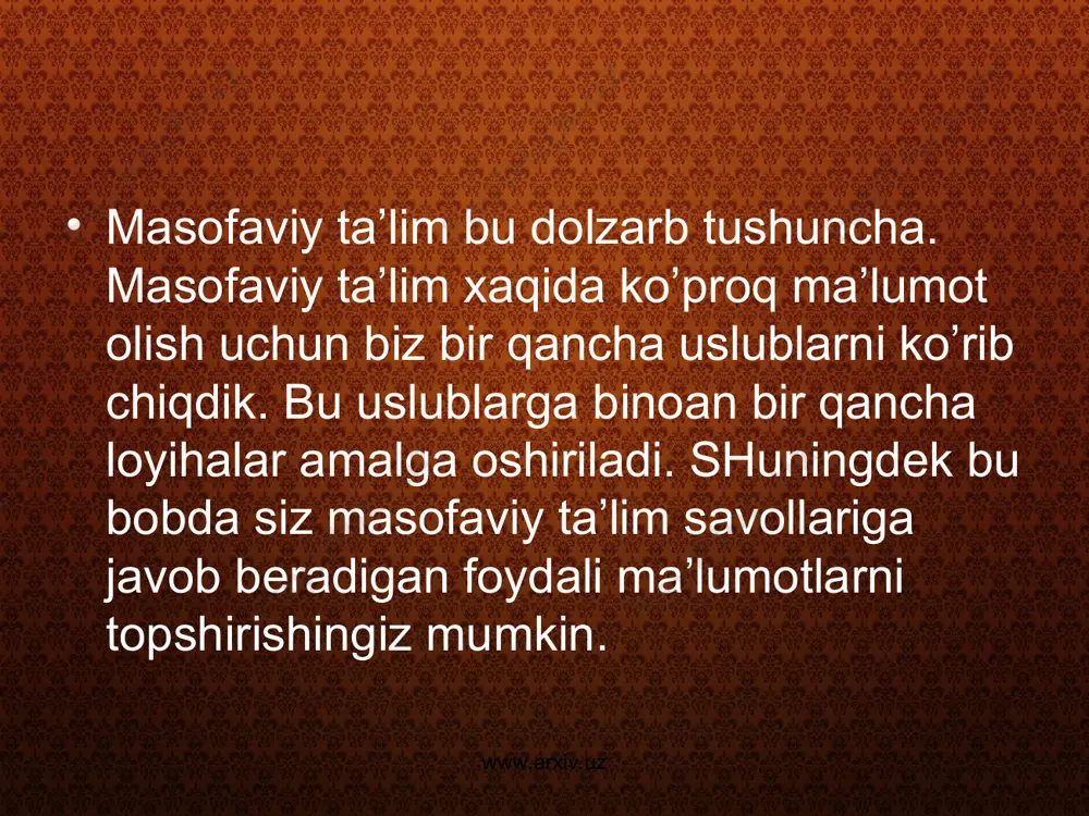 iotekalar, ma’lumotlar, bilimlar borasida va hokazo. -rejalilik. o’quv qurollaridan texnik jihozlar, transport jihozlaridan foydali ravishda foydalanish, ta’limga oid ma’lumotlar bir joyda to’plash va bir xil shaklga keltirish. www.arxiv.uz www.arxiv.uz -o’qituvchining yangicha yondashuvi. masofaviy ta’lim o’qituvchining rolini shakllantiradi va yangilaydi, shuningdek bilim jarayonini muvofiqlashtiradi, kurslarga dars berishida malakasini oshirib boradi. masofaviy ta’lim sifati kunduzgi ta’lim sifatini tushirmaydi, malakali professor o’qituvchilar jamoasini tuzishda va ta’lim jarayonida ilg’or o’quv uslubiy nashrlari va testlarni qo’llashda ko’maklashadi. “masofaviy ta’lim” biror bir muhim texnologiya bilan rivojlanmaydi, u ta’lim usulini tasvirlaydi, bu narsa ta’lim olayotgan talabani sinfda yaxshi natijaga erishishiga yordam beradi. www.arxiv.uz www.arxiv.uz www.arxiv.uz www.arxiv.uz masofaviy ta’lim usullari. masofaviy ta’lim tizimiga quyidagi muhim usullar kiradi: - o’qituvchilar ishtirokida boshqa talabalarni o’qitish jarayoniga jalb qilish usuli. bu usulni rivojlantirishda mulьtimedia yondashuvi muhim. bular: elektron jurnallarining interaktiv ma’lumotlar bazasi; kompьyuter o’rgatuvchi dasturlar, elektron kitoblar, dastur va apparatlar tizimining stimulyatori. -yakka holda ta’lim berish usuli, bunga bir talaba va …