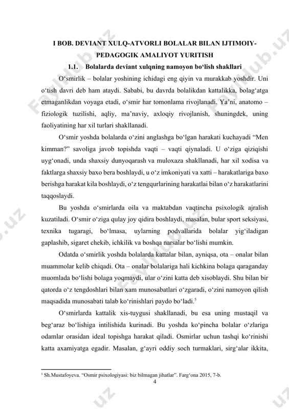sport seksiyasi, texnika tugaragi, bo‘lmasa, uylarning podvallarida bolalar yig‘iladigan gaplashib, sigaret chekib, ichkilik va boshqa narsalar bo‘lishi mumkin. odatda o‘smirlik yoshda bolalarda kattalar bilan, ayniqsa, ota – onalar bilan muammolar kelib chiqadi. ota – onalar bolalariga hali kichkina bolaga qaraganday muomlada bo‘lishi bolaga yoqmaydi, ular o‘zini katta deb xisoblaydi. shu bilan bir qatorda o‘z tengdoshlari bilan xam munosabatlari o‘zgaradi, o‘zini namoyon qilish maqsadida munosabati talab ko‘rinishlari paydo bo‘ladi.[footnoteref:5] [5: sh.mustafoyeva. “osmir psixologiyasi: biz bilmagan jihatlar”. fargʻona 2015, 7-b.] o‘smirlarda kattalik xis-tuygusi shakllanadi, bu esa uning mustaqil va beg‘araz bo‘lishiga intilishida kurinadi. bu yoshda ko‘pincha bolalar o‘zlariga odamlar orasidan ideal topishga harakat qiladi. osmirlar uchun tashqi ko‘rinishi katta axamiyatga egadir. masalan, g‘ayri oddiy soch turmaklari, sirg‘alar ikkita, uchta bo‘lishi xam mumkin. lab bo‘yoqlari va boshqada shu kabi narsalar o‘smirlarni boshqalardan ajratib turishga sharoit yaratadi. buning xammasi emotsional iroda doirasining o‘zgarishi natijasida vujudga keladi. o‘smirlarda o‘zini – o‘zi nazorat qila olishi, o‘zining …