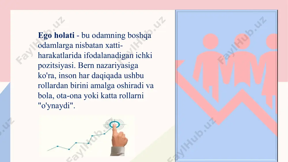 nday aloqa tom ma'noda yo'q qilinadi, stimul va reaktsiya o'rtasidagi nomuvofiqlik tufayli uziladi. bu, bernga ko'ra, odamlar o'rtasidagi ziddiyatli vaziyatlarning eng keng tarqalgan sababidir. misollar: -menga tuz bera olasizmi? "hech bo'lmaganda o'zingiz biror narsa qila olasizmi va meni doimo chalg'itmaysizmi?" (savol kattadan kattalarga berilgan, ammo tanqidiy ota-ona javob bergan) - siz hisobot tayyorlab bo’ldingizmi? -hali emas... nega doim menga yopishib yurasiz? men boshqalardan yomonroqmanmi?.. (savol kattadan kattalarga berildi, lekin moslashgan bola javob berdi) hayotiy pozitsiyalar * men ok, sen ok – bola yoshligidan hayotda o’zini o’rni bor ekanligini tushunadi. men kimgadir kerakman va meni borimcha yaxshi ko’rishadi deb o’ylaydi ( men g’olibman 15%) men ok, sen ok emas – men yaxshiman , boshqalar yomon degan hayol bilan yashaydi. men ok emasman, sen ok – boshqalar yaxshi, doim men yomonman qabilida yashaydi. men ok emas, sen ok emas – hayot ma’nosi yo’qolgan, nima uchun bu dunyoda borligini tushunmay yashaydigan insonlar, nimagadir …