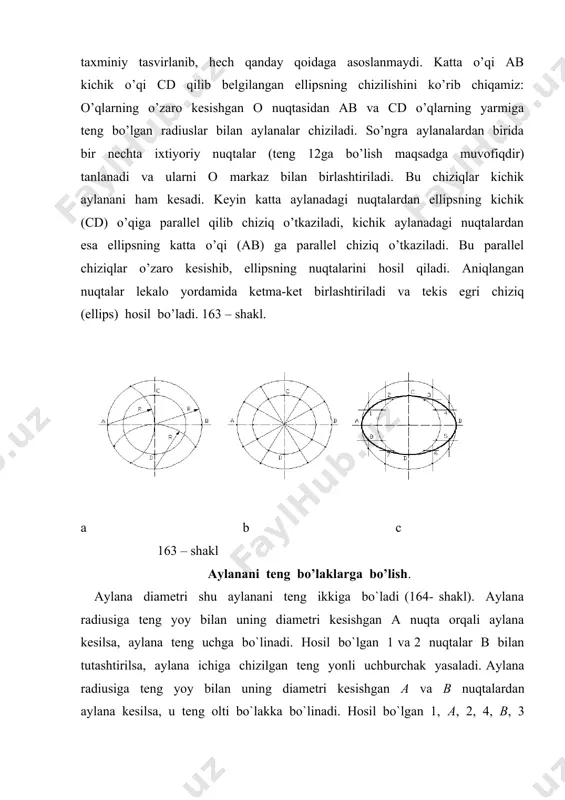 ulyar o’tkazib 1 va 2 (tutashtirish) nuqtalari topiladi. o’tkir burchak hosil qiluvchi to’g’ri chiziqlarni tutashtirish. berilgan to’g’ri chiziqlarga parallel qilib berilgan r radiusga baravar masofada to’g’ri chiziqlar o’tkaziladi. bu chiziqlarni kesishish nuqtasi o tutashtirish markazi bo’ladi. o nuqtadan berilgan to’g’ri chiziqlarga perpendikulyar tushirib 1 va 2 (tutashtirish) nuqtalari topiladi. o’tmas burchak hosil qiluvchi to’g’ri chiziqlarni tutashtirish. berilgan to’g’ri chiziqlarga parallel qilib berilgan r radiusga baravar masofada to’g’ri chiziq o’tkaziladi. bu chiziqni burchak bissektrisasi bilan kesishgan o nuqtasi tutashtirish markazi bo’ladi. o nuqtadan berilgan chiziqlarga perpendikulyar tushirib 1 va 2 (tutashtirish) nuqtalari topiladi. to’g’ri burchak hosil qiluvchi to’g’ri chiziqlarni tutashtirish. berilgan to’g’ri burchakli a uchidan r radiusli yoy chiziladi va c,e tutashish nuqtalari topiladi. so’ngra c va e nuqtalardan r radiusli yoylar chizilib, ularning o nuqtasi aniqlanadi. bu nuqta tutashish markazi bo’ladi. a nuqtani to’g’ri chiziq bilan tutashtirish(167-shali). a nuqtadan r radiusli aylana yoyi chizilad va berilgan to’g’ri chiziqqa parallel r …