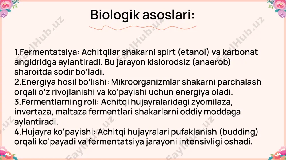 bo‘ylik, antiseptik va terapevtik xususiyatlarga ega. ular parfyumeriya, kosmetika, oziq-ovqat va tibbiyot sohalarida keng qo‘llaniladi. foydalanilgan adabiyotlar 1. muhammadov i. **mikrobiologiya**. toshkent: toshdu nashriyoti, 2018. 2. toshkent davlat universiteti. **umumiy mikrobiologiya**. toshkent, 2017. 3. tuxtarov b.e. **suv resurslarini himoya qilish va oqava suvlarni tozalash**. toshkent, 2016. 4. kurbanova s. **biotexnologiya asoslari**. toshkent, 2019. 5. o‘zbekiston respublikasi **sog‘liqni saqlash va ekologiya vazirligi sayt materiallari** — [gov.uz](https://www.gov.uz/uz/pages/ecology) 6. wikipedia. **mikrobiologiya va fermentatsiya** — [uz.wikipedia.org](https://uz.wikipedia.org/wiki/mikrobiologiya) e’tiboringiz uchun rahmat image2.png image1.png image3.jpeg /docprops/thumbnail.jpeg