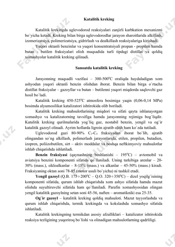 usuli bo`yicha) ni tashkil etadi. yengil gazoyl (q.b. 175(2000c – q.о. 320(3500c) – dizel yoqilg`isining komponenti sifatida, qurum ishlab chiqarishda xom ashyo sifatida hamda mazut olishda suyultiruvchi sifatida ham qo`llaniladi. parafin xomashyosidan olingan yengil katalitik gazoylning setan soni 45-56, naften – aromatikniki esa 25-35. og`ir gazoyl – katalitik kreking qoldiq mahsuloti. mazut tayyorlashda va qurum ishlab chiqarishda, termik krekingda va kokslashda xomashyo sifatida ishlatiladi. katalitik krekingning termikdan asosiy afzalliklari – katalizator ishtirokida reaksiya tezligining yuqoriroq bo`lishi va olinadigan mahsulotlarning qadrliligi. quyida katalitik va termik kreking jarayonlarini nisbiy baholash natijalari berilgan. 31-jadval katalitik va termik kreking jarayonlarini taqqoslash ko`rsatkichlar termik kreking katalitik kreking jarayon sharoitlari: harorat, 0c bosim, mpa 470 – 540 2,0 – 7,0 450 – 525 0,06 – 0,14 mahsulotlar tavsifi: gaz benzin yengil gazoyl asosan c1-c2 fraksiya anchagina miqdorda normal tuzilishli alkanlar, alkenlar va dienlarni o`z ichiga olgan asosan c3-c5 fraksiya tarmoqlangan alkanlar va arenlarni o`z ichiga olgan …