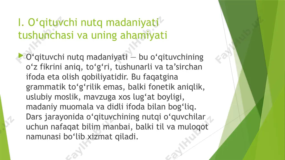 nday ekan, har bir pedagog nutq madaniyatiga jiddiy yondashishi, o‘z ustida doimiy ishlashi va o‘z nutqini bolalar uchun namunaga aylantira olishi zarur. foydalanilgan adabiyotlar ro‘yxati azizxo‘jayeva n. (2020). pedagogik mahorat asoslari. toshkent: o‘zbekiston milliy ensiklopediyasi. g‘ulomov, x. (2019). nutq madaniyati va uslub. toshkent: fan. karimova d. (2018). boshlang‘ich sinf o‘qituvchisining pedagogik mahorati. toshkent: yangi asr avlodi. islomova, z. (2021). til madaniyati va notiqlik san’ati. toshkent: o‘qituvchi. qodirova, m. (2022). boshlang‘ich ta’limda badiiy matnlar asosida nutqni rivojlantirish. samarqand: ilm ziyo. unesco (2020). effective communication in primary education. paris. /docprops/thumbnail.jpeg