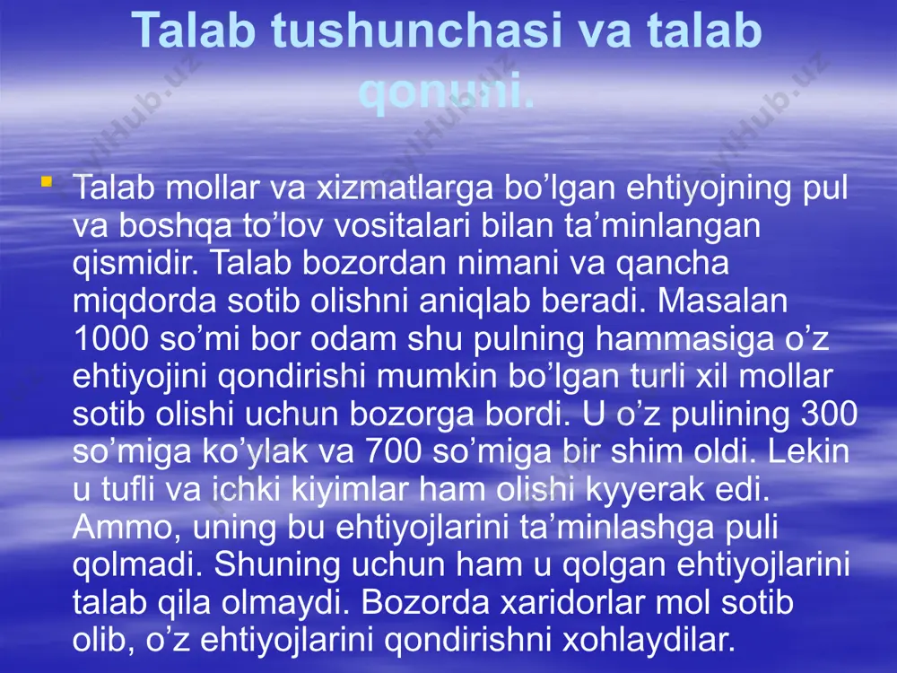 u molning o’rnini bosuvchi, ammo bahosi arzonroq, ya’ni uning o’rnini bosa oladigan molni xarid qiladi. bunday holda o’rindoshlik samarasi yuzaga keladi. daromad (byudjeti) samarasi va o’rindoshlik samarasi kabi tushunchalarning mavjudligi iste’molchilarni mollarni arzon baholarda ko’proq sotib olishga undaydi. ammo sotib olinadigan mollar miqdoriga, ya’ni talab hajmiga, baho bilan bog’liq bo’lmagan boshqa omillar ham mavjuddir. bunday omillar bo’lib, iste’molchilarning didlari va ularning o’zgarib turishi, xaridor soni, iste’molchilarning daromadlari, kelajakda baholar va daromadlarning o’zgarishi, o’rindosh mollarning ko’payishi kabilar hisoblanadi. umuman, talabni bahoning o’zgarishiga qo’arab o’zgarib turishini egiluvchanlik deb ataluvchi tushuncha yordamida bilish osonroqdir. egiluvchanlik – bir o’zgaruvchi miqdor (talab)ning bosh o’zgaruvchi miqdor (baho) o’zgarishiga javoban o’zgarishidir. bunday o’zgarishning o’lchovi bo’lib talabni egiluvchanligi koeffitsenti xizmat qiladi. bahosi har qancha o’zgargan holda, u mol miqdoriga bo’lgan talabning o’zgarmay doimiy qolishini grafik usul tasvirlasak, bunda talab egri chizig’i tik bo’ladi va talab bahosiga nisbatan mutlaqo noegiluvchandir. agar mollarga bo’lgan talab baho o’zgarishiga bog’liq bo’lmasa, u …