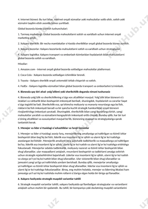 kurslarining o'zgarishi xaridorlar uchun mahsulotlarning narxlari va daromadni o'zgartirishi mumkin. bizneslar bu o'zgarishlarga mos kelish uchun yangi strategiyalar va tadbirlar amalga oshirishlari kerak. iqtisodiyotning o‘sishi, aholi turmush tarzi va daromadlarining oshib borishi ko‘p jihatdan kichik biznes va xususiy tadbirkorlik sohasining taraqqiyotiga ahamiyat qaratilayotganiga bog‘liq. shu sababli ham hukumatimiz tomonidan investitsion muhit va ishbilarmonlik muhitini yanada yaxshilashga etibor qaratilmoqda. iqtisodiyoti rivojlangan davlatlarning tajribasiga e’tibor qaratadigan bo‘lsak, ularning iqtisodiy o‘sishi biznesning ushbu shakliga davlat tomonidan alohida ahamiyat berilayotganligi va qo‘llab-quvvatlanayotganligi samarasi ekanini kuzatish mumkin. masalan, xitoy davlati hukumatining taxminiga ko‘ra, iqtisodiyotning to‘liq modernizatsiyasi 2030-yilga kelib tugaydi, bundahukumat asosiy o‘rinni kichik biznes tashkil etishiga e’tibor karatadi. 3. biznes yuritish turlari haqida ma’lumotingiz 3. biznes yuritish turlari: 1. korxona yuritish: bu turi bilan, biror bir korxonaning o'zini yaratish, uni boshqarish va uning faoliyatini rivojlantirishga yo'l harakat qilinadi. 2. franchayzing: bu turi bilan, bir korxonaning brendini boshqaruvchiga litsenziya berib, uning brendi va tajribasi bilan biznesni …