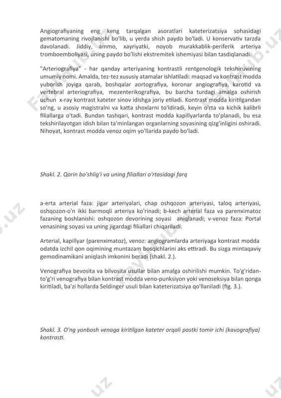 o'tariladi. igna chiqariladi va kontrast kateter rentgen nurlari arterial tizimning kerakli nuqtasiga o'tkazgich orqali kiritiladi. uning taraqqiyoti ekranda kuzatiladi. super o'tkazuvchilar chiqarilgandan so'ng kateterning erkin (tashqi) uchi adapterga biriktiriladi va kateter darhol geparin bilan izotonik natriy xlorid eritmasi bilan yuviladi. shakl. 1. angiografiya va tomir ichidagi aralashuvlar uchun rentgenografiya. angiografiyada barcha manipulyatsiya televizor rentgenogrammasi nazorati ostida amalga oshiriladi. kateterizatsiya ishtirokchilari himoya kiyimlarda ishlaydi, ularning ustiga steril liboslar kiyiladi. angiografiya jarayonida bemorning holati doimiy ravishda kuzatiladi (fig. 1.). kateter orqali kontrast modda bosim ostida avtomatik shprits (instruktor) tomonidan o'rganilayotgan arteriyaga kiritiladi. shu bilan birga, tezkor rentgen nurlari boshlanadi. uning dasturi — rasmlarning soni va vaqti — qurilma boshqaruv paneliga o'rnatiladi. suratlar darhol namoyish etiladi. tadqiqot muvaffaqiyatiga ishonch hosil qilib, kateter olib tashlanadi. punksiyon joyi qon ketishini to'xtatish uchun 8-10 daqiqa davomida bosiladi. bir kun uchun punksiyon maydonida bosim bandaji qo'llaniladi. bemor shu davrda yotoqda dam olishi buyuriladi. bir kundan keyin bandaj …