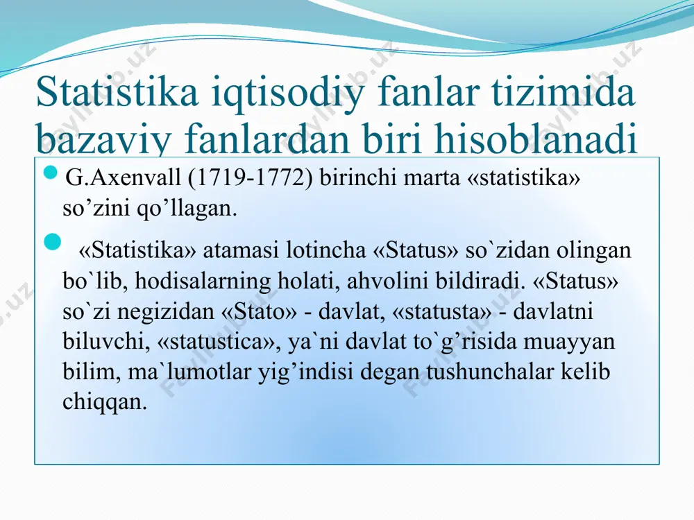 isodiyot va statistika vazirligini qayta tashkil etish to’g’risisda”gi farmoniga ko’ra makroiqtisodiyot va statistika vazirligi tugatilib, uning asosida o’zbekiston respublikasi iqtisodiyot vazirligi va o’zbekiston respublikasi davlat statistika qo’mitasi tashkil qilindi 2002 yilning 12 dekabrida o’zbekiston respublikasi oliy majlisi tomonidan “davlat statistikasi to’g’risida”gi qonun qabul qilingan ushbu qonunga 2005 yil 20 dekabrida, 2010 yil 3 sentyabrida va 2012 yil 3 yanvarida tegishli o’zgartirishlar kiritilgan statistitka metodologiyasining hozirgi davrdagi rivoji quyidagi yo’nalishlarda sodir bo’lmoqda iqtisodiyot holati va rivojlanish istiqbollariga statistik xarakteristika berish milliy hisoblar tizimi (mht) metodologiyasini rivojlantirish tarmoqlar va mintaqalarning ijtimoiy-iqtisodiy rivojlanish darajalari bo’yicha farqlanishlarini va omillar ta’sirini o’rganish metodologiyasini takomillashtirish xalqaro va mintaqalararo taqqoslashlar metodologiyasini rivojlantirish /docprops/thumbnail.jpeg