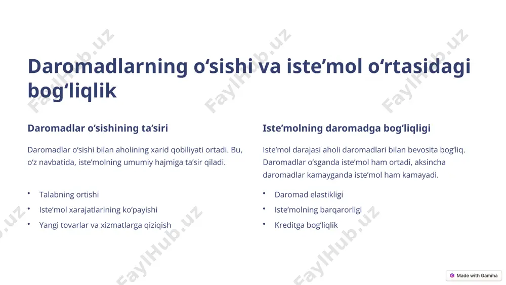 lar o‘sganda aholi arzon tovarlar o‘rniga sifatli tovarlarni iste’mol qilishga intiladi. bu, o‘z navbatida, ishlab chiqaruvchilarni sifatli tovarlar ishlab chiqarishga undaydi. ekologik toza mahsulotlar aholi daromadlari yuqori bo‘lgan mamlakatlarda ekologik toza mahsulotlarga talab yuqori bo‘ladi. odamlar atrof-muhitga zarar yetkazmaydigan tovarlarni iste’mol qilishga harakat qilishadi. sog‘lom ovqatlanish daromadlar o‘sganda aholi sog‘lom ovqatlanishga e’tibor qaratadi. fast-fud o‘rniga meva, sabzavot va boshqa foydali mahsulotlarni iste’mol qilishadi. 5 daromadlarning o‘sishi va tejash darajasi o‘rtasidagi munosabat 1 investitsiyalar qimmatli qog'ozlar, ko'chmas mulkka investitsiyalar. 2 pensiya jamg'armalari kelajak uchun pensiya jamg'armalarini yaratish. 3 tejamkorlik bank hisoblarida mablag'larni saqlash. daromadlarning o‘sishi tejash darajasiga turli yo‘llar bilan ta’sir qilishi mumkin. ba’zi hollarda, daromadlar o‘sganda aholi ko‘proq tejashga intiladi. boshqa hollarda esa, aholi ko‘proq iste’mol qilishga intiladi va tejash darajasi kamayadi. 6 daromadlarning o‘sishi va qashshoqlik darajasiga ta’siri ish o‘rinlari daromadlar o‘sishi iqtisodiyotda yangi ish o‘rinlarining yaratilishiga olib keladi. ta’lim daromadlar o‘sishi aholining ta’lim olish imkoniyatlarini kengaytiradi. ijtimoiy yordam …