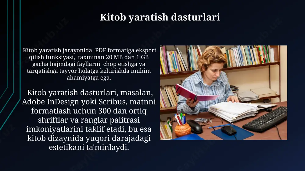 digan muhim bosqichlar hisoblanadi, bu esa bosib chiqarish xarajatlarini oldindan rejalashtirishga yordam beradi. rasm va jadvallar bilan ishlash murakkab jadvallarni soddalashtirish uchun, keraksiz ustunlar yoki satrlarni olib tashlash yoki ma'lumotlarni bir necha kichik jadvallarga bo'lish orqali ma'lumotlarning tushunarliligini oshirish mumkin. jadvallarni yaratishda kamida 2 ustun va 3 qator bo'lishi tavsiya etiladi, shuningdek, ma'lumotlarning aniqligi va o'qilishi uchun mos formatlash (masalan, raqamlar formati, chegaralar) qo'llanilishi kerak. kitob apparati va muallif huquqi kitob apparatining tarkibiy elementlari, masalan, isbn raqami, muqova dizayni va sahifalashtirish, muallif huquqini himoya qilishda muhim rol o'ynaydi va ularning buzilishi huquqiy javobgarlikka olib kelishi mumkin. muallifning kitob apparati ustidan nazorati, uning asarining to'liq nusxasi va 5 yildan ortiq muddatga nashr huquqlarini o'z ichiga olgan litsenziya shartnomasi orqali ta'minlanadi. e'tiboringiz uchun rahmat @taqdimot_robot image1.jpg image2.jpg image3.jpg image4.jpg image5.jpg image6.jpg image7.jpg image8.jpg image9.jpg image10.jpg image11.jpg image12.jpg