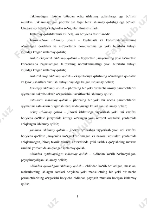 g o‘rnatilgan qoidalari va (yoki) shartlari buzilishi tufayli vujudga kelgan ishlamay qolish; tasodifiy ishlamay qolish – jihozning bir yoki bir necha asosiy parametrlarini qiymatlari sakrab-sakrab o‘zgarishini tavsiflovchi ishlamay qolish; asta-sekin ishlamay qolish – jihozning bir yoki bir necha parametrlarini qiymatlari asta-sekin o‘zgarishi natijasida yuzaga keladigan ishlamay qolish; ochiq ishlamay qolish – jihozni ishlatishga tayyorlash yoki uni vazifasi bo‘yicha qo‘llash jarayonida ko‘zga ko‘ringan yoki nazorat vositalari yordamida aniqlangan ishlamay qolish; yashirin ishlamay qolish – jihozni qo‘llashga tayyorlash yoki uni vazifasi bo‘yicha qo‘llash jarayonida ko‘zga ko‘rinmagan va nazorat vositalari yordamida aniqlanmagan, biroq texnik xizmat ko‘rsatishda yoki tashhis qo‘yishning maxsus usullari yordamida aniqlangan ishlamay qolish; oldindan aytilmaydigan ishlamay qolish – oldindan ko‘rib bo‘lmaydigan, payqalmaydigan ishlamay qolish; oldindan aytiladigan ishlamay qolish – oldindan ko‘rib bo‘ladigan, masalan, mahsulotning ishlagan soatlari bo‘yicha yoki mahsulotning bir yoki bir necha parametrlarining o‘zgarishi bo‘yicha oldindan payqash mumkin bo‘lgan ishlamay qolish; resursli ishlamay qolish – jihoz uning ta’sirida chegaraviy holatga …