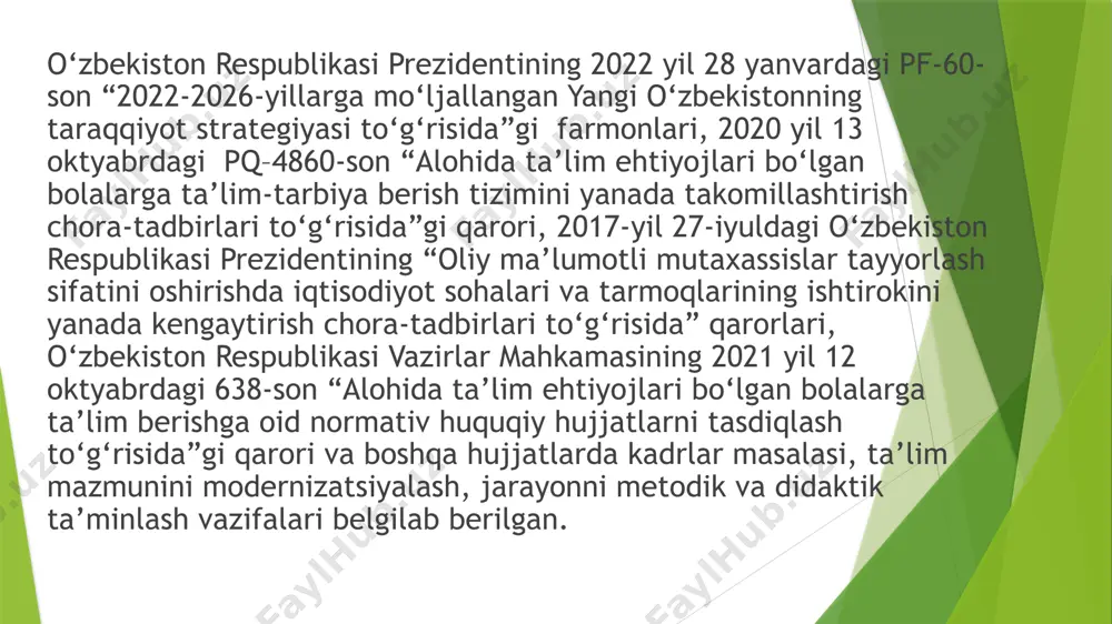 mda ruhiy salomatligini saqlash yuzasidan maslahatlar beradi bolani ijtimoiy himoyasining asosiy tamoyillari: • ijtimoiy yordam ko‘rsatish ishining markazida bolani qiziqishi turadi; • o‘zbekiston respublikasining “bola huquqlari kafolati” qonuniga bola huquqlari konvensiyasiga qayd etilgan bolalarni barcha huquqlari kiritilgan; • bolani qabul qilish e’tirof etish hurmat qilish; • shaxsni jinsiy, diniy, madaniy, irqiy, millatidan qat’iy nazar har qanday kamsitishlarga qarshi chiqish; umumta’lim maktablarida inklyuziv ta’limni joriy etilish bilan oxirgi yillarda maktab kontingenti o‘zgarib, 1-sinfga qabul qilingan bolalar orasida nutqida nuqsoni bor bolalar ko‘payib bormoqda. rivojlanishida nuqsoni bor bolalar orasida nutq nuqsoniga ega bo‘lgan bolalar ko‘pchilikni tashkil etmoqda. og‘ir nutq nuqsoniga ega bo‘lgan bolalar (alaliya, dizartriyaning og‘ir ko‘rinishlari) nutk maxsus maktablarda (nutq nuqsoniga ega bo‘lgan maktablarda) ta’lim—tarbiya olishlari lozim. lekin, inklyuziv ta’lim muammosi bilan shug‘ullanayotgan olimlar va mutaxassislar bunday bolalar umumta’lim maktablari o‘qishlari va ularga tizimli ravishda maqsadga yo‘naltirilgan logopedik yordam ko‘rsatilishi lozim degan fikrlarni ilgari suradilar. inklyuziv ta’lim joriy qilingan maktablarda logoped …