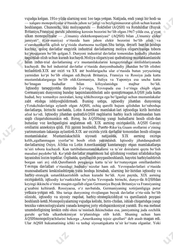 eft, gazeta va boshqa soha „qirollarining“ juda katta bank-sanoatimperiyalari paydo bo‘ldi.aqshda mamlakatning iqtisodiy hayotini nazorat qilib turgan6o ta oilaning shunday imperiyalari mavjud edi. xix asrning oxi-rida bu oilalardan „katta uchlik“ — rokfeller (neft), morgan(moliya), karnegi (po‘lat) ajralib turardi. xx asr boshlarida kar-negi o‘zining ko‘p millionli mulkini sotganidan so‘ng amerika-liklar nigohida tadbirkorlikdagi omad va boylikning qudrati ikkikishida — morgan va rokfellerda mujassamlashdi. chunonchi,rokfellerning neft tresti mamlakatdagi neft mahsulotlarining deyarlibarchasini ishlab chiqarardi, morganning po‘lat tresti esa po‘latning 66foizini berardi. fransiyada esa moliyaviy qudratning timsoli fransuzbankining yirik omonatchilari bo‘lgan „2oo oila“ edi.3. chetga kapital chiqarish muhim ahamiyat kasb etdi.monopoliyalar, moliya oligarxiyasi foydani ko‘paytirishga harakatqilib, chetga endi tovarlarni emas, balki kapital chiqarishga alohidaahamiyat bera boshladilar. chunki, endilikda tovar chiqarishdanko‘ra, chet mamlakatlarga kapital chiqarish, ya’ni ularga foiz evazi-ga kreditlar berish; tabiiy boyliklarni arzonga sotib olish, u yyerlardaeng arzon ishchi kuchi hisobiga boylik orttirish imkonini beruvchikorxonalar qurish foydali bo‘lib qoldi. shu tufayli, 19oo—1913-yillarda industrial davlatlar chetgachiqargan …