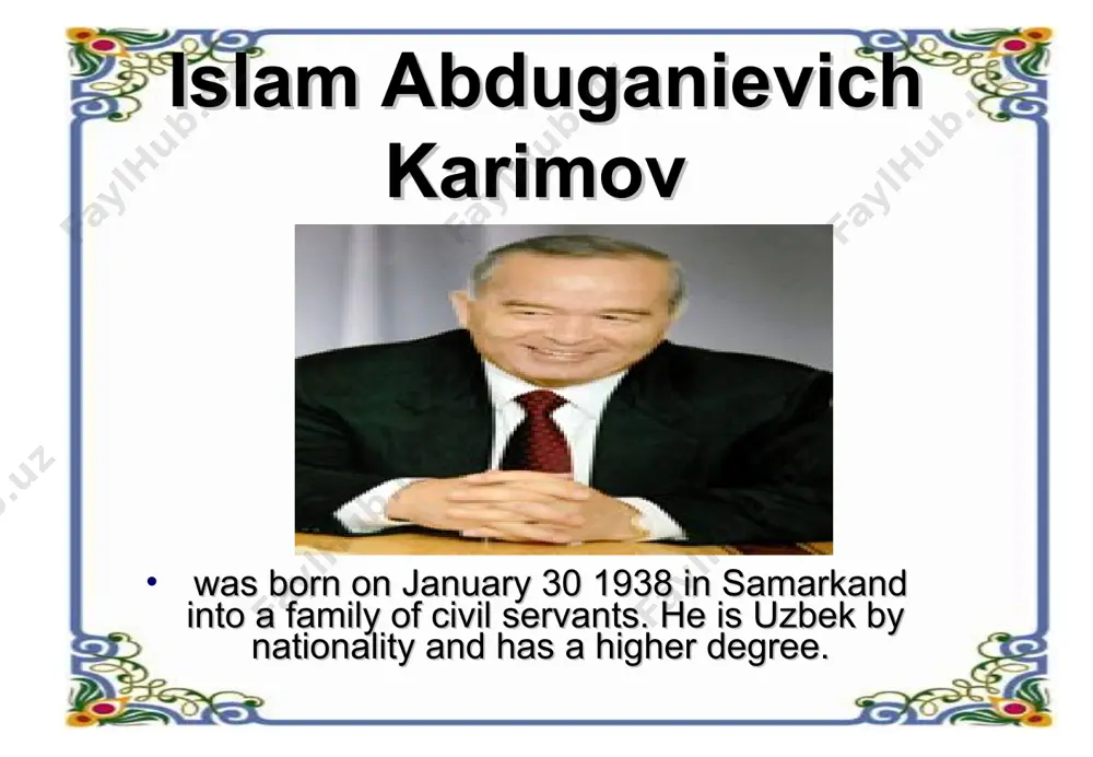 n of the council of ministers of the uzssr and chairman of the state planning office. in 1986-89 he was first secretary of the kashkadarya provincial party committee. from june 1989 – first secretary of the central committee of the communist party of uzbekistan. on march 24, 1990, he was elected president of the uzbek ssr. on august 31, 1991, he declared the independence of the republic of uzbekistan. on december 29, 1991 he was elected president of the republic of uzbekistan in multi-candidate elections. on march 26, 1995, in accordance with a national referendum, his period in office was extended to 2000. on january 9, 2000, in elections that included choice, islam abduganievich karimov was reelected as head of state. on december 23, 2007, in elections that included choice, islam abduganievich karimov was reelected as head of state. for his outstanding contribution to education in uzbekistan, creation of a …