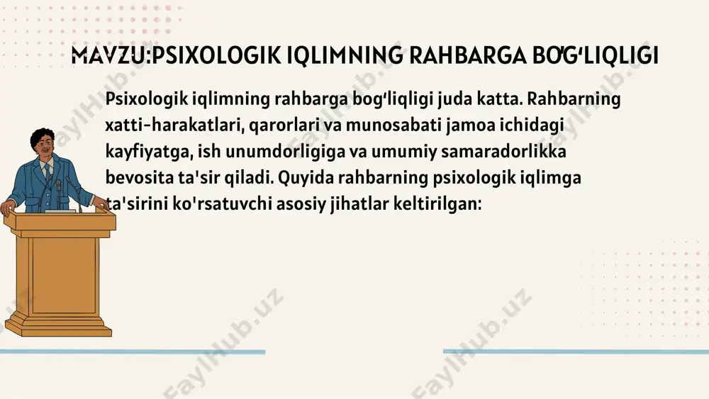ng salbiy ta'siri: 1.avtoritar boshqaruv uslubi: rahbarning avtoritar boshqaruv uslubi, xodimlar fikrini inobatga olmasligi, ularni nazorat qilib, buyruqbozlik qilishi jamoada qo'rquv va norozilik muhitini yaratadi. 2.noaniq maqsadlar va vazifalar: rahbarning noaniq maqsadlar qo'yishi va vazifalarni aniq taqsimlamasligi xodimlarda chalkashlik va noaniqlikni keltirib chiqaradi la ra na u ni ve rs ity | 20 24 3 4 5 tanqid va haqorat: rahbarning xodimlarni doimiy tanqid qilishi, ularning shaxsiyatiga tegadigan gaplar aytishi va haqorat qilishi jamoa ichidagi munosabatlarni buzadi va ish unumdorligini pasaytiradi. adolatsizlik: rahbarning adolatsiz qarorlar qabul qilishi, ayrim xodimlarga imtiyozlar berishi yoki ularni kamsitishi jamoada norozilik va ishonchsizlikni keltirib chiqaradi. ochiq muloqotning yo'qligi: rahbarning xodimlar bilan ochiq muloqot qilmasligi, ularning fikrlarini tinglamasligi va muammolarni yashirganligi jamoada keskinlik va tushunmovchiliklarni keltirib chiqaradi. xulosa xulosa qilib aytganda, rahbarning shaxsiy fazilatlari, boshqaruv uslubi va xodimlar bilan munosabati psixologik iqlimni shakllantirishda hal qiluvchi rol o'ynaydi. ijobiy psixologik iqlimni yaratish uchun rahbar adolatli, hurmatli, qo'llab-quvvatlovchi …