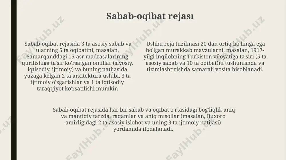 q tahlil qilish va 10 ta mumkin bo‘lgan yechimni aniqlashga yordam beradi. samarqanddagi universitet talabalari tomonidan o‘tkazilgan tadqiqotlar shuni ko‘rsatdiki, "muammo-yechim rejası" uslubi 70% hollarda muammoning samarali hal etilishiga olib keladi, bu esa uni 2024-yilgi loyihalarda qo‘llashni maqsadga muvofiq qiladi. aqlonli reja aqlonli reja, samarqanddagi tarixiy yodgorliklarni o'rganish rejasi kabi murakkab loyihalarni 4 ta asosiy yo'nalish va 12 ta kichik yo'nalishga bo'lib, aniq va samarali tarzda tashkil qilish imkonini beradi. aqlonli rejaning samaradorligi 10 balldan 8 ball bilan baholanadi, chunki u aniq maqsadlarni, 3 ta asosiy qadamni va 7 ta qoʻshimcha harakatlarni belgilab beradi. aqlonli reja, 5 bosqichli strukturaga ega boʻlib, har bir bosqich ma’lum bir vazifani 2-3 ta kichik vazifaga ajratadi, masalan, toshkent shahridagi loyihani amalga oshirishda. geografik reja geografik reja yordamida 3 ta mintaqaning (fargʻona vodiysida 1-mintaqa, xorazmda 2-mintaqa, qashqadaryoda 3-mintaqa) aholisi soni va zichligi oʻrtasidagi farqlarni tahlil qilish mumkin. geografik reja, 2023-yilgi maʼlumotlar asosida, oʻzbekistonning 12 ta …