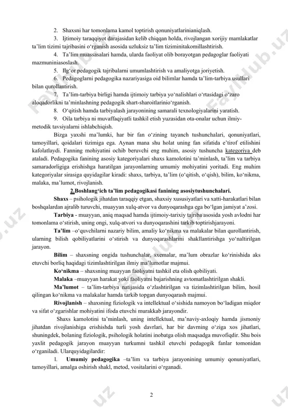 mani bajarish asosida jamiyat taraqqiyotini ta’minlashga alohida hissa qo‘shadi. pedagogika fani maqsadi va vazifalarining belgilanishida ijtimoiy munosabatlar mazmuni, davlat va jamiyat qurilishi, uning hayotida etakchi o‘rin tutuvchi g‘oyalar mohiyati muhim ahamiyatga ega. o‘zbekiston respublikasida demokratik, insonparvar hamda huquqiy jamiyatni barpo etish sharoitida mazkur fan yuksak ma’naviy va axloqiy talablarga javob beruvchi yuqori malakali kadrni tarbiyalash tizimini ishlab chiqish, milliy istiqlol g‘oyasi asosida ta’lim va tarbiya nazariyasini ijodiy rivojlantirish vazifasini hal etadi. bu jarayonda quyidagi vazifalarni bajarishga e’tibor qaratiladi: 1. ma’naviy va axloqiy talablarga javob beruvchi yuqori malakali kadrni tarbiyalashga yo‘naltirilgan pedagogik jarayonning mohiyatini o‘rganish. 47 2. shaxsni har tomonlama kamol toptirish qonuniyatlarinianiqlash. 3. ijtimoiy taraqqiyot darajasidan kelib chiqqan holda, rivojlangan xorijiy mamlakatlar ta’lim tizimi tajribasini o‘rganish asosida uzluksiz ta’lim tiziminitakomillashtirish. 4. ta’lim muassasalari hamda, ularda faoliyat olib borayotgan pedagoglar faoliyati mazmuniniasoslash. 5. ilg‘or pedagogik tajribalarni umumlashtirish va amaliyotga joriyetish. 6. pedagoglarni pedagogika nazariyasiga oid bilimlar hamda ta’lim-tarbiya usullari bilan qurollantirish. …