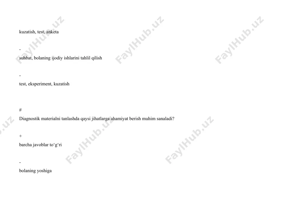 erial bir vaqtning o‘zida bir nechta nutq komponentlari holatini tekshirishga yordam berishi kerak - material qiziqarli bo‘lishi kerak - material bola diqqatini torta oladigan bo‘lishi kerak - material iloji boricha real predmetlardan iborat bo‘lishi kerak # tekshiruv jarayonidagi texnik qiyinchiliklarga nimani kiritish mumkin? + bolaga predmet notanish bo‘lgani uchun uni nomlay olmasligini - material hajmi bolaning yoshiga nisbatan keng qamrovli bo‘lishini - bolaning logoped bilan muloqotga kirisha olmasligini - negativizm, elektiv mutizm kabi holatlarni # logopedik tekshiruv jarayonida didaktik material sifatida nimalardan foydalanish mumkin? + barcha javoblar to‘g‘ri - real obyektlar, sujetli va predmetli rasmlar - predmetli, seriyali yoki to‘plamli ko‘rsatmalar - kartochkalar, albomlar, tayanch sxemalar # logotexnologiya qaysi fanlar bilan bog‘liq? + logopediya - maxsus pedagogika - nutq o‘stirish - erta tashxis # bilish jarayonini aniqlang + xotira - qobiliyat - emotsiya - xarakter # logoped shaxsiga qo‘yiladigan talablarni belgilang + barchasi to‘g‘ri - nutqi ravon - mexribon - …