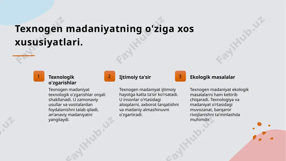 . 2 madaniy o'zgarishlar - texnologik taraqqiyot madaniyatni yangilashga olib kelmoqda, an'anaviy san'at va hunarmandchilik yangi shakllarga kirib, global talabga javob bermoqda. 3 innovatsion yechimlar - o'zbekistonda innovatsion yechimlar, masalan, "smart city" loyihalari, shahar infratuzilmasini modernizatsiya qilib, madaniyat va turizmni rivojlantirishga xizmat qilmoqda. xulosa 01 texnogen madaniyatning ahamiyati texnogen madaniyat bugungi kunda jamiyatimizda muhim rol o'ynaydi, texnologiyalar va madaniyat o'rtasidagi o'zaro ta'sirni kuchaytirmoqda. 02 zamonaviy texnologiyalar zamonaviy texnologiyalar madaniyatni rivojlantirishda yangi imkoniyatlar yaratmoqda, shuningdek, an'anaviy qadriyatlar va zamonaviy hayot o'rtasida muvozanat saqlashni talab qiladi. 03 innovatsiyalar va o'zgarishlar innovatsiyalar o'zbekistonda madaniy o'zgarishlarga olib kelmoqda, bu esa yosh avlodning fikr va qarashlarini yangilashga xizmat qiladi, madaniyatni yanada boyitadi. 1. karimov i.a. - "yuksak ma'naviyat - yengilmas kuch." 2. jo'rayev t. va boshqalar - "madaniyatshunoslik asoslari." 3. yo'ldoshev n. va boshqalar - "madaniyatshunoslik." 4. toshxo'jaeva s.r. - "o'zbekiston madaniyati tarixi.' 5. bo'ronov a. va boshqalar - "jahon madaniyati tarixi." 6. clifford geertz …