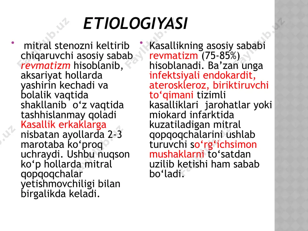anadi. perkussiya mitral teshik torayishini yurak perkussiyasida uning nisbiy bo‘g‘iqlik chegarasini o‘ngga va yuqoriga siljiganligi aniqlanadi. yurak mitral shaklni egallashi kasallik uchun xos bo‘lgan asosiy belgilardan biri (yurak beli silliqlashgan va o‘ng chegarasi o‘ngga siljigan) hisoblanadi. mitral qopqoqchalar yetishmovchiligini perkussiyada chap qorincha dilyatatsiyasi hisobiga yurakning nisbiy to‘mtoqlik chegarasini chapga siljishi kuzatiladi. chap bo‘lmachaning dilyatatsiyasi yaqqol namoyon bo‘lganda yurakning nisbiy to‘mtoqlik chegarasi yuqoriga siljishi hamda yurak “beli” silliqlanishi (mitral shakl – konfiguratsiya) mumkin. auskultatsiya mitral teshik torayishini mitral stenoz yakka holda kelganda auskultatsiya vaqtida odatda o‘pka arteriyasi ustida ii tonni ikkilanishi va aktsenti, yurak cho‘qqisida esa “qarsillovchi” i ton, ii tondan keyin 0,06-0,12 soniya o‘tgach qo‘shimcha mitral qopqoqchalarini ochilish shovqini va sistola oldi zo‘rayishi bilan kechadigan organik diastolik shovqin aniqlanadi. mitral stenoz uchun xos bo‘lgan – “bedana ritmi” mitral qopqoqchalar yetishmovchiligini yurak cho‘qqisida i tonni susayishi yoki umuman eshitilmasligi xos bo‘lib, mitral qopqoqcha yetishmovchiligining muhim auskultativ belgilaridan biri yurak cho‘qqisida eshitiladigan …