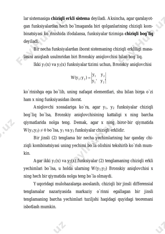 y′ = λ· eλx, у" = λ2· eλx tengliklarni olamiz. у funksiya va uning hosilalarini (2) tenglamaga qo`ysak, (λ2 + p · λ + q) · eλx = 0 tenglama hosil bo`ladi. eλx ≠ 0 (har doim musbat) ekanligini hisobga olsak, oxirgi tenglamaga teng kuchli (λ2 + p · λ + q) = 0 (3) tenglamani olamiz. (3) algebraik tenglamaga (2) differensial tenglamaning xarakteristik tenglamasi deyiladi. (2) tenglamaning fundamental yechimlari sistemasini qurishning navbatdagi qadami quyidagicha: (3) kvadrat tenglama ikki λ1 va λ2 haqiqiy yoki kompleks ildizlarga ega boisin. unda y1 = eλ1x, y2 = eλ2x funksiyalarning har biri (2) tenglamaning yechimi bo`ladi. agar ushbu funksiyalar chiziqli erkli bo`lsa, tenglama umumiy yechimi c 1 eλ1x + c2 eλ2x ko`rinishda yoziladi. agar fiinksiyalar chiziqli bog`liq bo`lsa, umumiy yechimni qurish jarayoni qo`shimcha mulohazalarni talab etadi. umumiy yechimni tuzishning xarakteristik tenglama yechimlari bilan bog`liq barcha hollarini qaraymiz: 1- hol: λ1 va λ2 ildizlar haqiqiy …