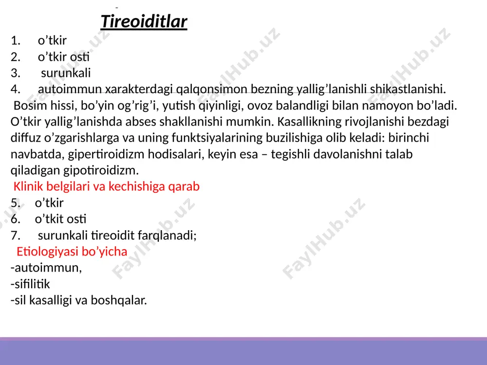 urishi, titroq, zaiflik, uyqusizlik, asabiylashish, issiqlikka chidamlilik, bo’g’imlardagi og’riqlar bilan bog’liq. bez tomonidan chiqariladigan qalqonsimon bez gormonlarining ortiqcha miqdori (tiroksin va triiodotironin) gipotalamusga ingibitiv ta’sir ko’rsatadi va gormon-regulyator tirotropin ishlab chiqarishni kamaytiradi. tireotropin yetishmovchiligi sharoitida qalqonsimon bezning o’zgarmagan qismi funktsiyasining pasayishi va o’tkir osti tiroiditning ikkinchi bosqichida gipotiroidizm rivojlanishi kuzatiladi. gipotiroidizm odatda uzoq va og’ir emas va yallig’lanishning susayishi bilan qalqonsimon gormonlar darajasi normal holatga qaytadi. o’tkir osti tiroiditda tirotoksikoz (o’tkir, boshlang’ich) bosqichining davomiyligi 4 dan 8 haftagacha. ushbu davrda qalqonsimon bez va bo’yinning og’rig’i, bezda radioaktiv yod to’planishining pasayishi va tirotoksikoz hodisalari qayd etiladi. o’tkir bosqichda qalqonsimon gormonlar zahiralari tugaydi. qonga gormonlarni qabul qilish kamayishi bilan, qalqonsimon bez gormonlarining normal darajasi bilan tavsiflangan eutiroidizm bosqichi rivojlanadi. tireotsitlar sonining sezilarli darajada kamayishi va qalqonsimon gormonlar zaxirasining kamayishi bilan og’ir tiroidit holatlarida, uning klinik va biokimyoviy ko’rinishlari bilan gipotiroidizm bosqichi rivojlanishi mumkin. o’tkir osti tiroiditning kursi tiklanish bosqichi bilan yakunlanadi, bu …