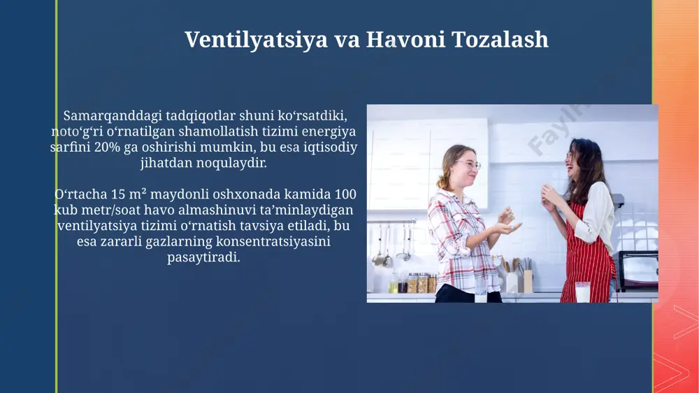 тидаги 20 та ошхонада ўтказилган сифат назоратида 15 тасида гигиена нормаларига риоя этилмаганлиги аниқланди, бу 75% ни ташкил этади. тошкент шаҳридаги 50 та рестораннинг назорат текшируви натижаларига кўра, ошхона жиҳозларининг 30% эскирганлиги аниқланди ва уларни янгилаш тавсия этилди. mexanizatsiya va avtomatlashtirish o'zbekistonning qishloq joylarida, 100 dan kam aholisi bo'lgan hududlarda, mexanizatsiyalashgan mini-oshxonalarni yaratish 25% gacha energiya tejashga va oziq-ovqat tayyorlash tezligini 1,5 barobar oshirishga yordam beradi. mexanizatsiya va avtomatlashtirish oshxona uskunalari samaradorligini 20-30% ga oshirib, 5-7 nafar ishchining mehnatini 2 ta avtomatlashtirilgan tizim bilan almashtirish imkonini beradi, masalan, toshkentdagi yirik restoranlarda. oshxona dizayni mashqlari samarqanddagi oshxona dizayni kursida ishtirokchilar 20 dan ortiq turli xil materiallar (marmar, yog'och, metall) bilan ishlash bo'yicha amaliy mashqlar bajarishdi va 5 ta turli xil uslubdagi loyihalarni ishlab chiqdilar. farg'ona viloyatida o'tkazilgan 10 kunlik intensiv oshxona dizayni mashg'ulotlarida ishtirokchilar ergonomika tamoyillarini hisobga olgan holda, 8 ta turli xil oshxona rejalashtirish variantlarini loyihalashtirish bo'yicha topshiriqlarni bajarishdi. e'tiboringiz …
