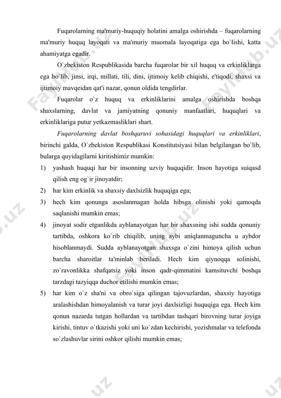 spublikasi fuqarosi respublika hududida bir joydan ikkinchi joyga ko`chish, o`zbekiston respublikasiga kelish va undan chiqib ketish huquqiga ega. qonunda belgilangan cheklashlar bundan mustasnodir; 7) har kim fikrlash, so`z va e'tiqod erkinligi huquqiga ega. har kim o`zi istagan axborotni izlash, olish va uni tarqatish huquqiga ega, amaldagi konstitutsiyaviy tuzumga qarshi qaratilgan axborot va qonun bilan belgilangan boshqa cheklashlar bundan mustasnodir; 8) hamma uchun vijdon erkinligi kafolatlanadi. har bir inson xohlagan dinga e'tiqod qilish yoki hech qaysi dinga e'tiqod qilmaslik huquqiga ega; 9) o`zbekiston respublikasining fuqarolari jamiyat va davlat ishlarini boshqarishda bevosita hamda o`z vakillari orqali ishtirok etish huquqiga egadirlar. bunday ishtirok etish o`zini-o`zi boshqarish referendumlar o`tkazish va davlat organlarini demokratik tarzda tashkil etish yo`li bilan amalga oshiriladi; 10) fuqarolar o`z ijtimoiy faolliklarini o`zbekiston respublikasi qonunlariga muvofiq mitinglar, yig`ilishlar va namoyishlar shaklida amalga oshirish huquqiga egadirlar; 11) o`zbekiston respublikasi fuqarolari kasaba uyushmalariga, siyosiy partiyalarga va boshqa jamoat birlashmalariga uyushish, ommaviy harakatlarda ishtirok …