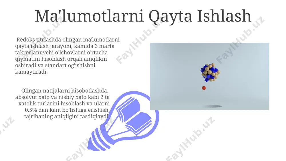 yoki yo'qotilishi natijasida 0,1-0,5% gacha bo'lgan nisbiy xatolar kelib chiqishi mumkin; bu o'lchov asboblarini to'g'ri tanlash va ehtiyotkorlik bilan ishlash orqali oldini olish mumkin. indikatorning o'zgarishiga sezgir bo'lmagan ko'z bilan kuzatishdagi xatolar tufayli natijalar 0,5 ml gacha farq qilishi mumkin, bu esa yakuniy hisob-kitoblarda sezilarli ta'sir ko'rsatishi mumkin. indikatorlar va ularning tanlanishi ko'pgina redoks titrlashda potensial sakrash 100 mv dan katta bo'lishi kerak, shuning uchun indikatorning o'tish oralig'i ushbu sakrash oralig'iga to'g'ri kelishi muhim. diphenilamin, ferroin kabi indikatorlarning standart eritma bilan reaksiyaga kirishishi natijasida hosil bo'ladigan rang o'zgarishi, titrlash nuqtasini aniqlashda muhim rol o'ynaydi va taxminan 0.1 ml eritma hajmining o'zgarishi bilan kuzatiladi. titratsiya usullari 01 02 oksidlanish-qaytarilish titrlashida 0,1 m kmno4 eritmasi kabi kuchli oksidlovchilar yordamida 25-50 ml namunani titrlashda aniq natijalar olish mumkin. sales 1st qtr 2nd qtr 100 0 sales 1st qtr 2nd qtr 100 0 amaliy misollar va tajriba natijalari 0.02 m kaliy permanganat eritmasi bilan …