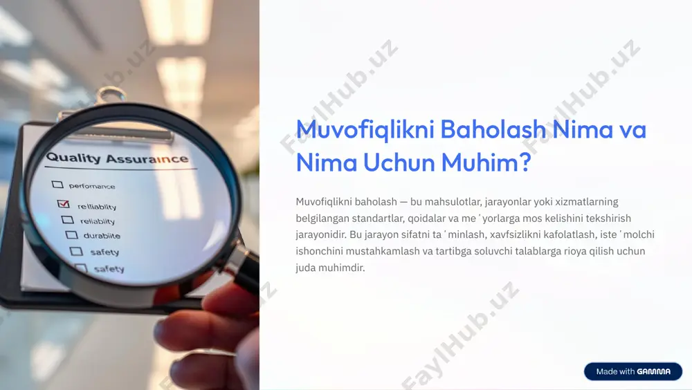 ing jarayonlari mahsulot sertifikatlash 4 bu mahsulotlarning muayyan standartlar va qoidalar talablariga mos kelishini mustaqil tasdiqlash jarayoni. bu jarayon iste¾molchi ishonchini oshiradi va bozorga chiqishni osonlashtiradi. test sinovlari inspektsiya sertifikat berish doimiy monitoring https://gamma.app/?utm_source=made-with-gamma sanoatdagi yangi texnologiyalar va muvofiqlik avtomatizatsiya ish jarayonlarini avtomatlashtirish muvofiqlikni ta¼minlashda aniqlik va izchillikni oshiradi. raqamli nazorat sensorlar va ma¼lumotlar tahlili orqali muvofiqlikni real vaqt rejimida kuzatish imkoniyati. blokcheyn mahsulotning kelib chiqishi va sifatiga oid ma¼lumotlarni shaffof va o»zgarmas tarzda saqlash. https://gamma.app/?utm_source=made-with-gamma muvofiqlikni baholashda uchraydigan qiyinchiliklar va yechimlar qiyinchiliklar standartlarning tez-tez o»zgarishi, malakali mutaxassislar yetishmasligi, texnologik murakkabliklar va ma¼lumotlarni boshqarishdagi qiyinchiliklar. yechimlar doimiy ta¼lim va kadrlar malakasini oshirish, texnologik investitsiyalar, axborot tizimlarini takomillashtirish va tashqi ekspertlar bilan hamkorlik. https://gamma.app/?utm_source=made-with-gamma xulosa va keyingi qadamlar: muvofiqlik madaniyatini shakllantirish muvofiqlikni baholash 4 bu shunchaki qoidalarga rioya qilish emas, balki barqaror rivojlanish va sifatli ishlash garovidir. jamoaviy ish muvofiqlik faqat bir bo»limning ishi emas, balki butun tashkilotning mas¼uliyati. doimiy takomillashtirish …