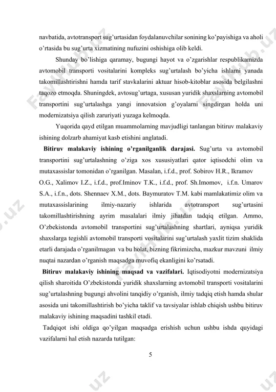 ni tashkil etish xususiyatlari yoritish va turlarini tavsiflash;  o’zbekistonda yuridik shaxslarning avtotransport vositalarini sug’urtalashning asosiy shartlarini tahlil qilish va o’ziga xos xususiyatlarini tadqiq etish; · transport vositalari egalarining fuqarolik javobgarligini majburiy sug’urta qilish tartibini o’rganish va tahlilini amalga oshirish; · yuridik shaxslarning avtotransport vositalarini sug’urtalash bo’yicha xorijiy davlatlar tajribasini o’rganish va uning ayrim jihatlarini o’zbekiston sug’urta amaliyotida joriy etish imkoniyatlarini qarab chiqish; · o’zbekistonda istiqbolda yuridik shaxslarning avtotransport vositalarini sug’urtalashni rivojlantirish bo’yicha ilmiy asoslangan taklif va tavsiyalar ishlab chiqish bitiruv malakaviy ishining predmeti. yuridik shaxslarning avtomobil transportini sug’urtalash bo’yicha sug’urta kompaniyasi va sug’urtalanuvchilar o’rtasida yuzaga keladigan iqtisodiy, moliyaviy va huquqiy munosabatlar mazkur bitiruv malakaviy ishining predmetini tashkil etadi. bitiruv malakaviy ishining ob’ekti. sug’urta kompaniyalarining yuridik shaxslarga tegishli avtomobil transporti vositalarini sug’urtalash bo’yicha faoliyati ushbu bitiruv malakaviy ishining ob’ektini tashkil etadi. bitiruv malakaviy ishining nazariy asoslari. o’zbekiston respublikasi prezidenti i.karimovning iqtisodiyot sohasidagi asarlari, iqtisodiyotni isloh qilish, shu jumladan sug’urta sohasi …